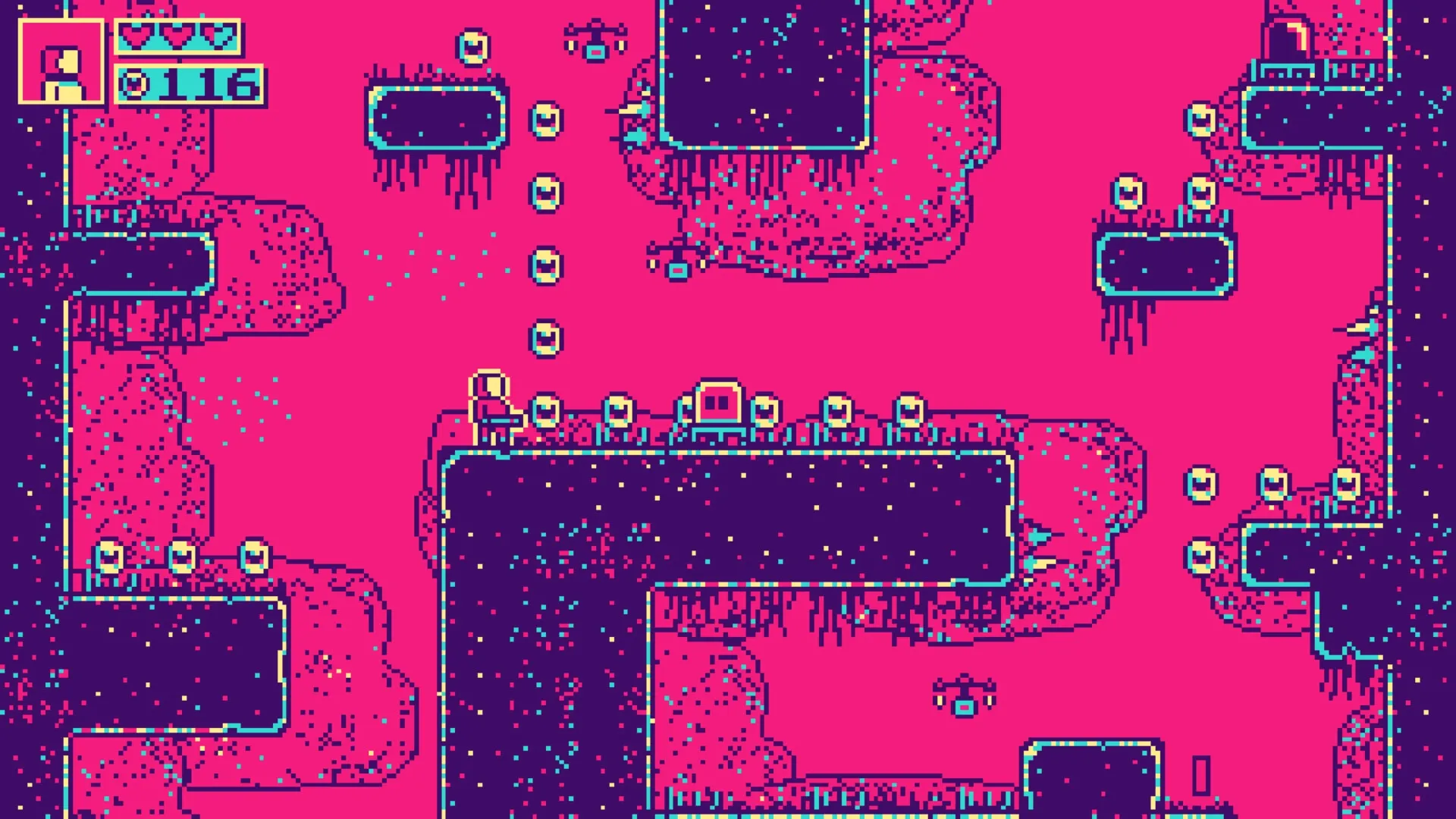 CHIP: Navigating pink cavern with floating platforms and collecting orbs, health and score shown in HUD