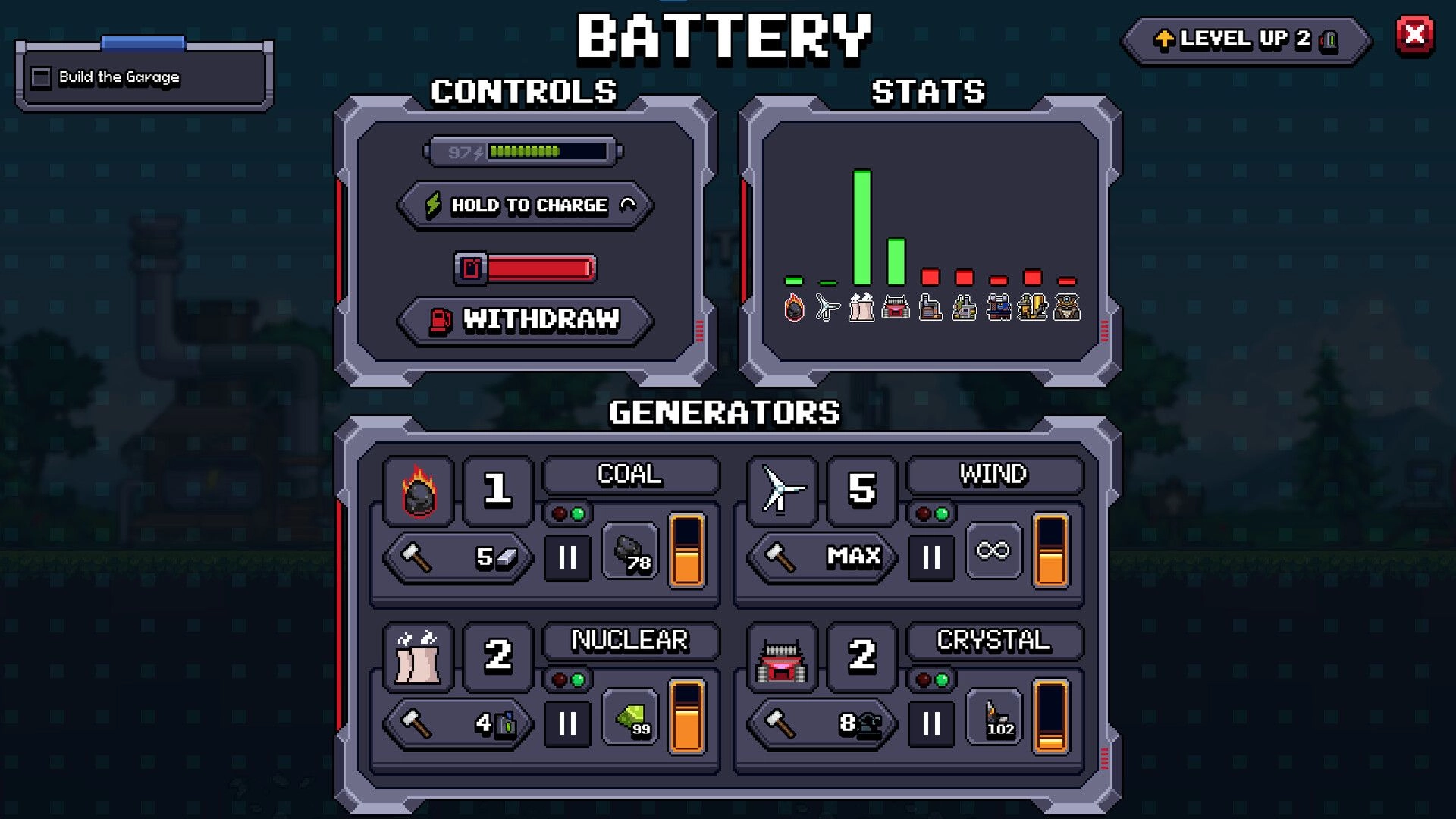Chipmatic: Battery upgrade screen with charge/withdraw controls and generator stats over dark factory backdrop.