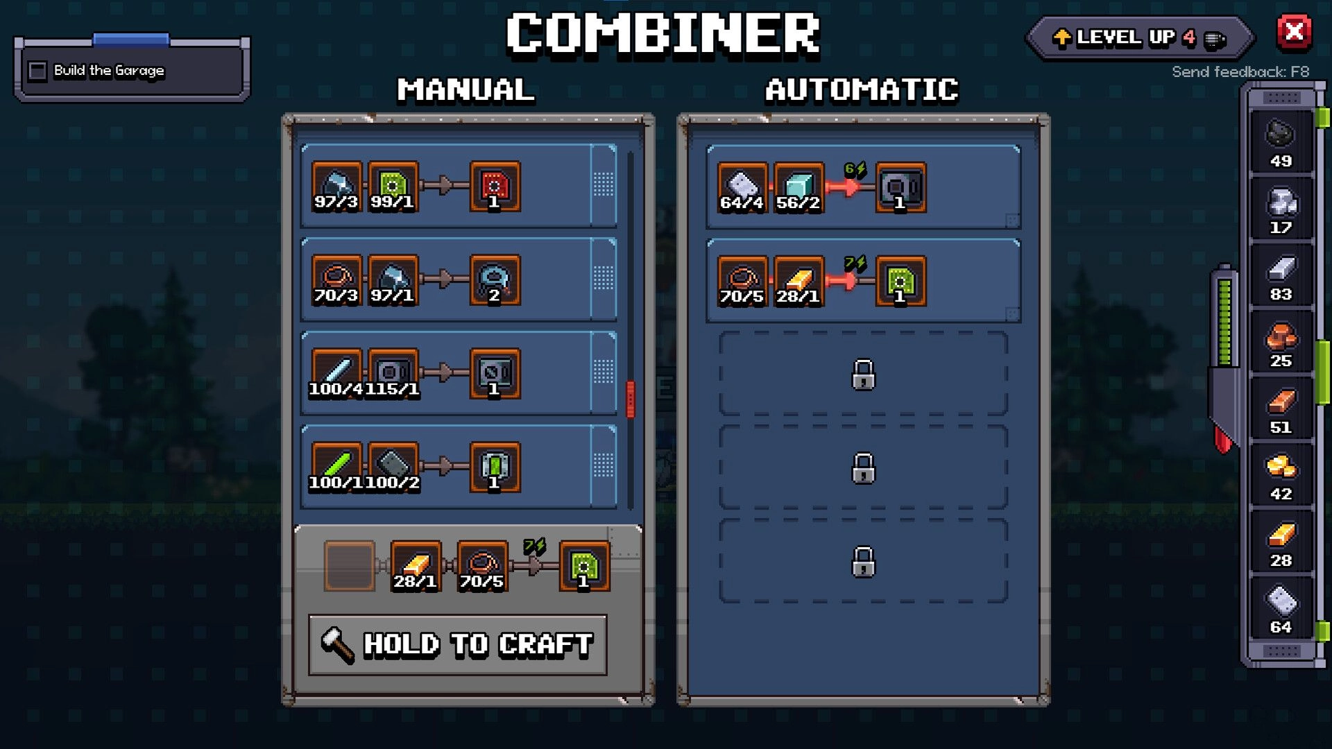 Chipmatic: Combiner crafting menu with manual and automatic recipes and inventory sidebar in workshop UI.