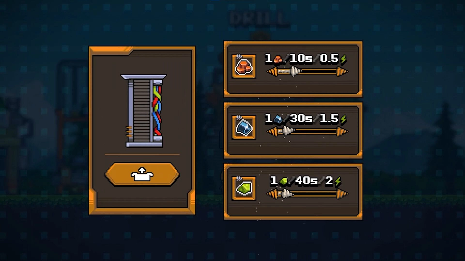 Chipmatic: Drill upgrade menu with wiring spool and three resource drill options on dark grid backdrop.