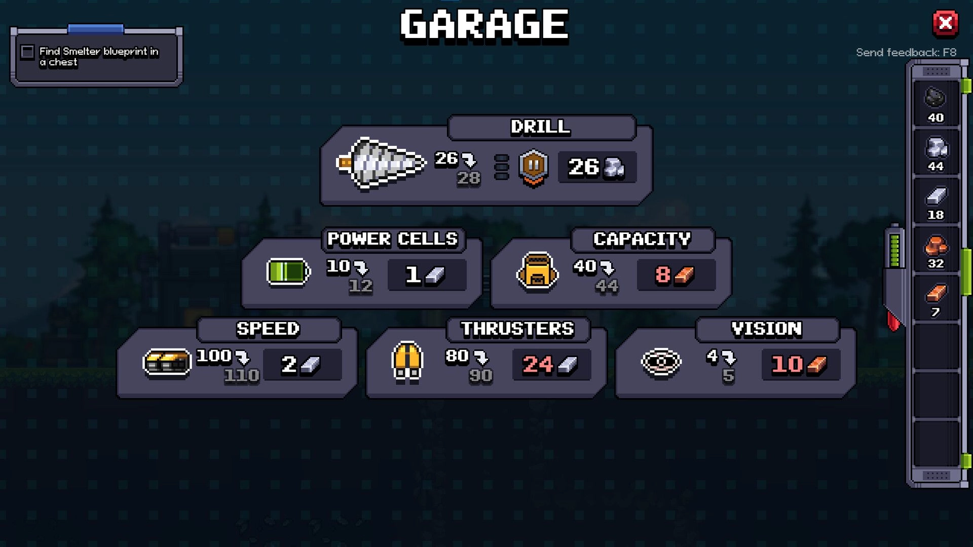Chipmatic: Garage upgrade menu for drill, power cells, speed, thrusters and vision over dark grid backdrop.