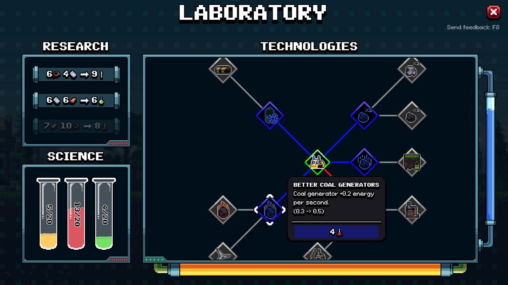 Chipmatic: Laboratory tech tree with Better Coal Generators tooltip, research and science meters on left.