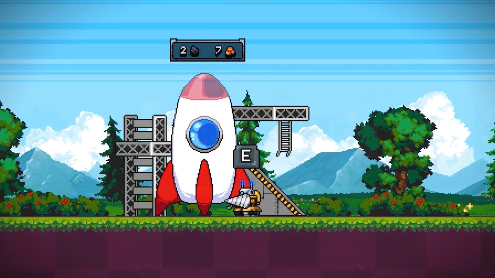 Chipmatic: Mining robot beside a landed rocket and scaffold, resource counter UI over grassy surface base.