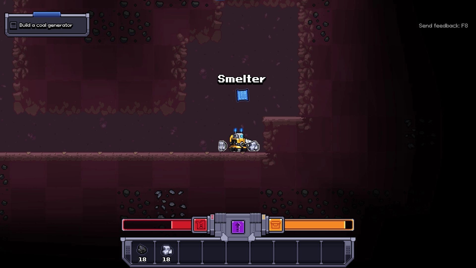 Chipmatic: Mining robot under Smelter blueprint marker in purple cave tunnel with quest and hotbar UI.