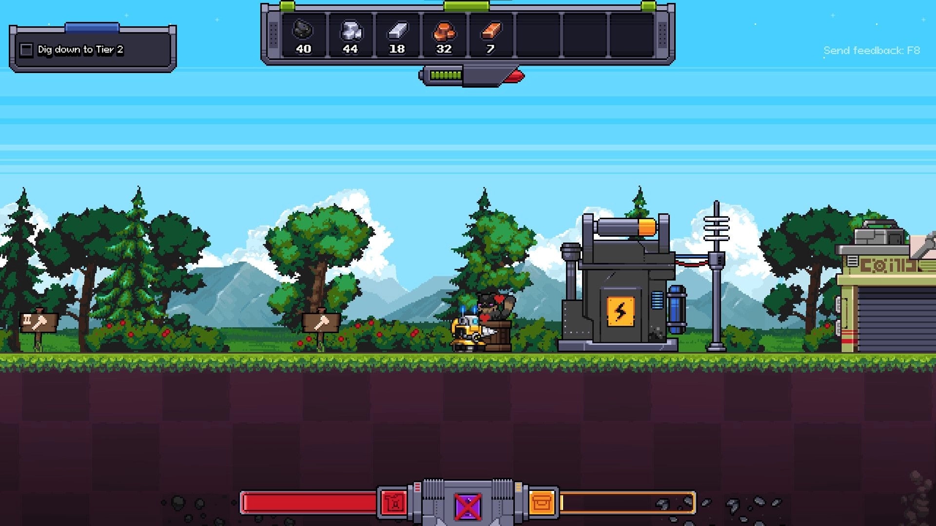 Chipmatic: Mining robot by a machine and flower crate on grassy surface with inventory bar UI.