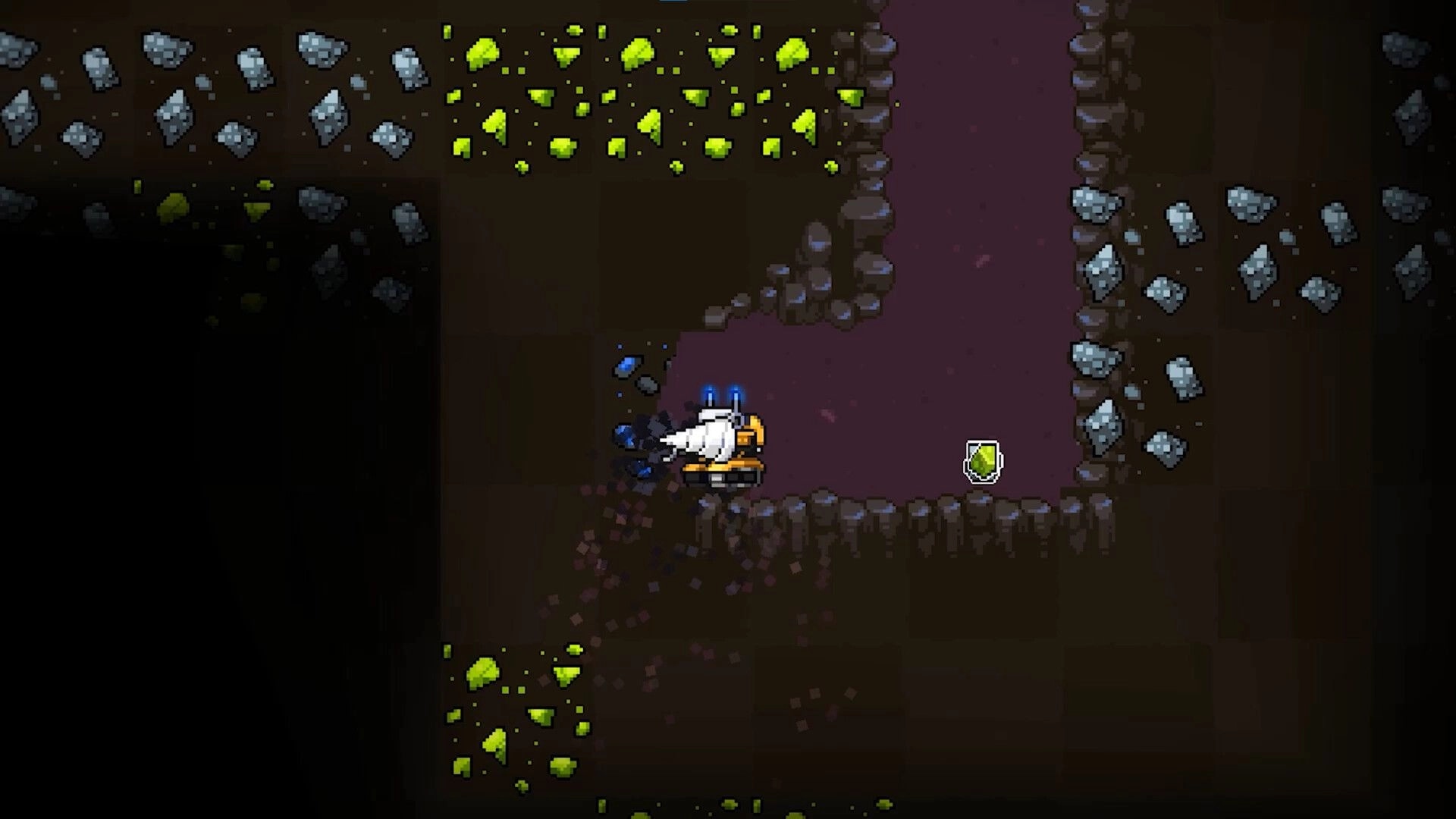 Chipmatic: Mining robot drills through rock beside purple cavern floor with ore veins and gem pickup.