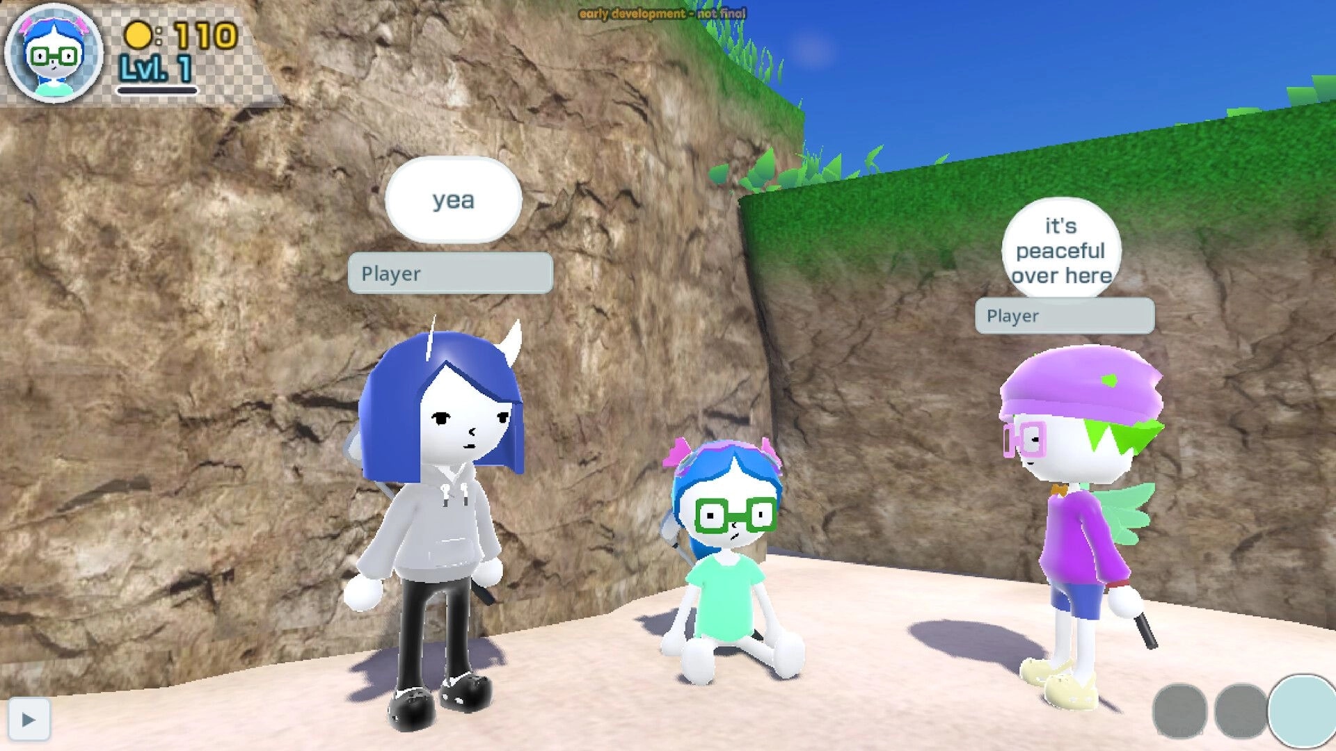ChitterPutt: Three avatars chatting with speech bubbles on a sandy ledge between rocky cliffs UI visible.