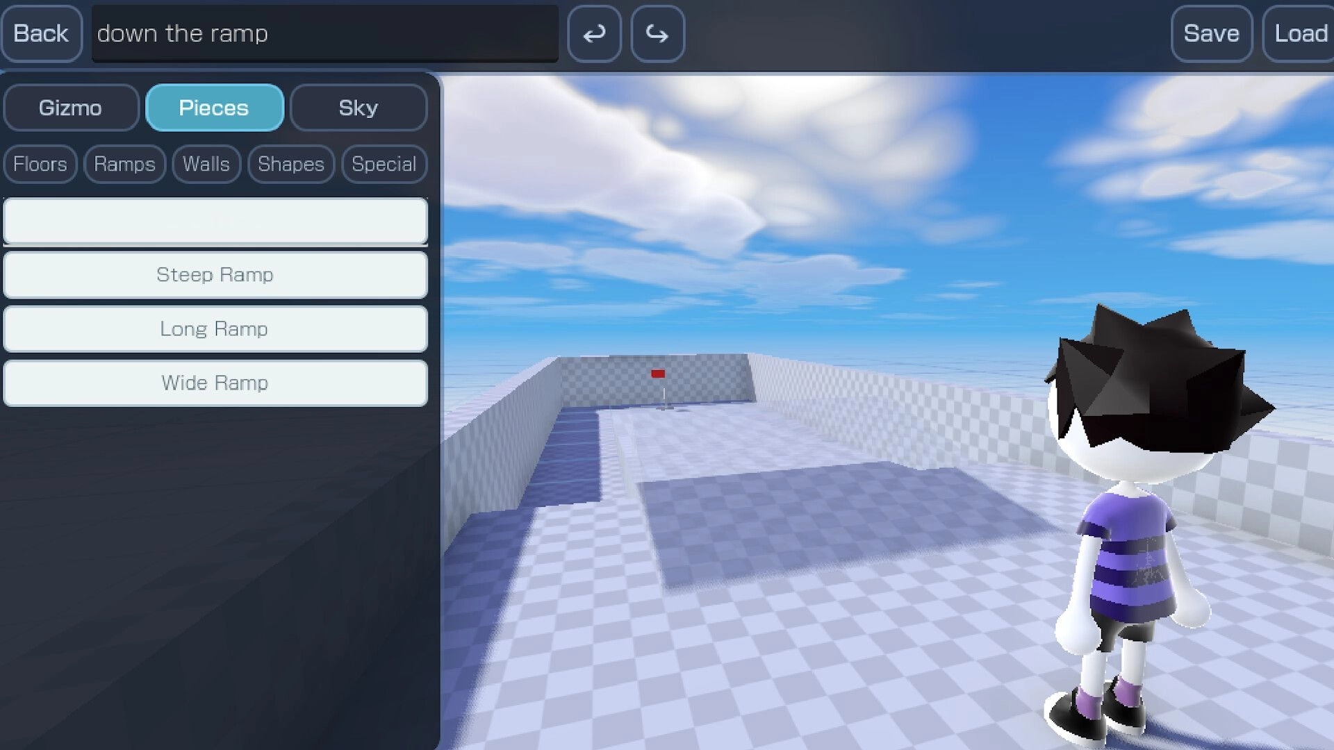 ChitterPutt: Course editor pieces menu open on ramps, avatar watches a checkered test hole under blue sky.