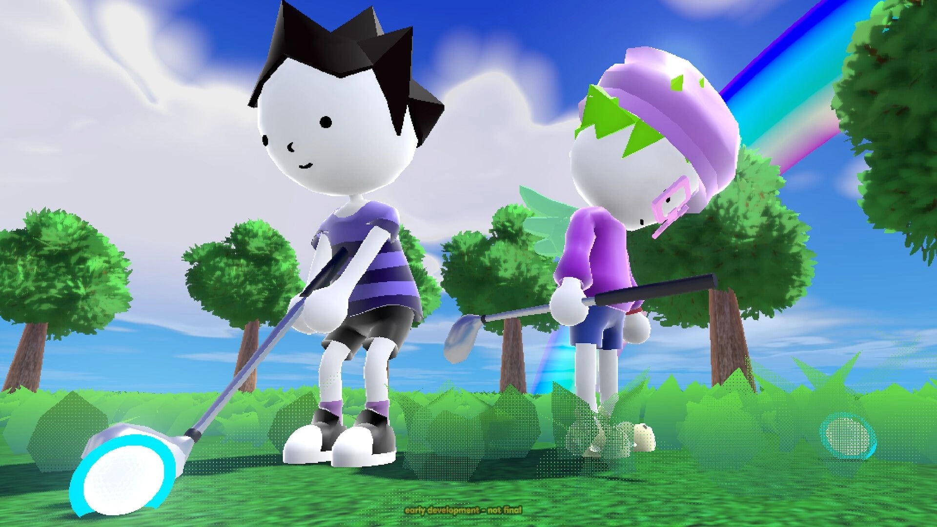 ChitterPutt: Two cartoon golfers holding clubs on a grassy course with trees and a rainbow sky.