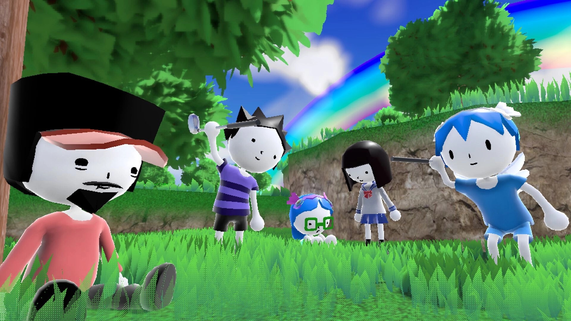 ChitterPutt: Four cartoon golfers pose with clubs on grassy hill under trees and a rainbow sky.