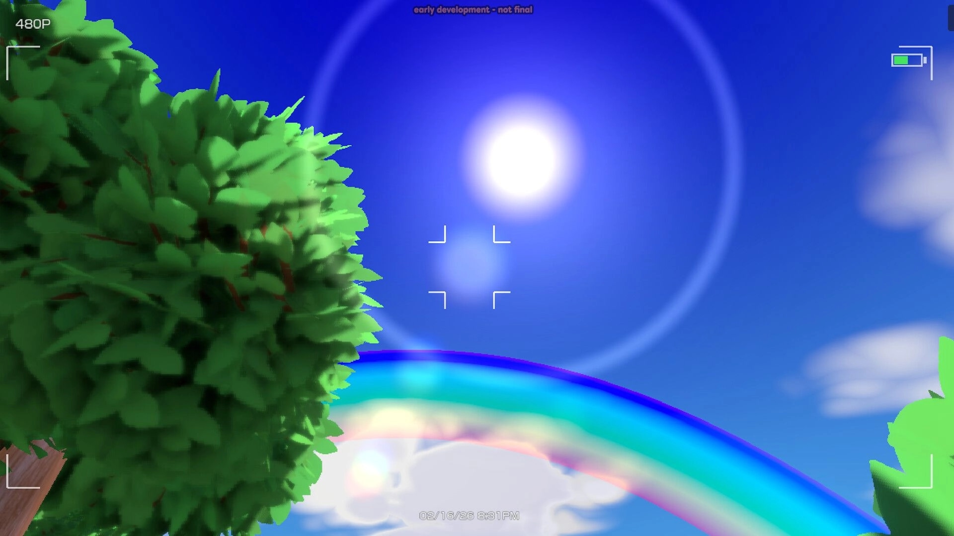 ChitterPutt: Camera viewfinder UI aimed at bright sun and rainbow above leafy trees in blue sky.