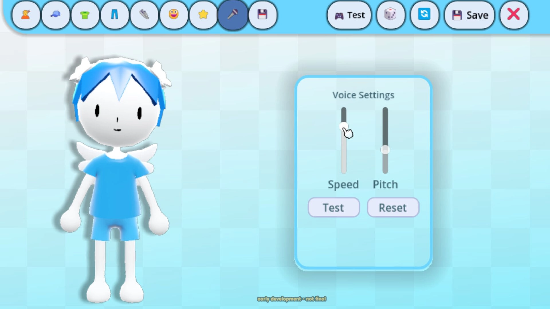 ChitterPutt: Avatar customization with blue-haired character and voice settings sliders on teal grid menu.