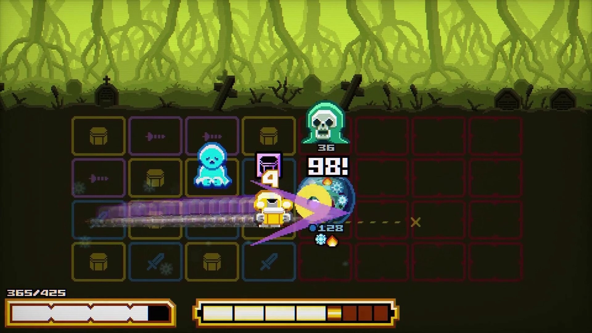 Chivalware: Knight dashes across a tile grid striking a skull enemy, graveyard backdrop and UI bars.