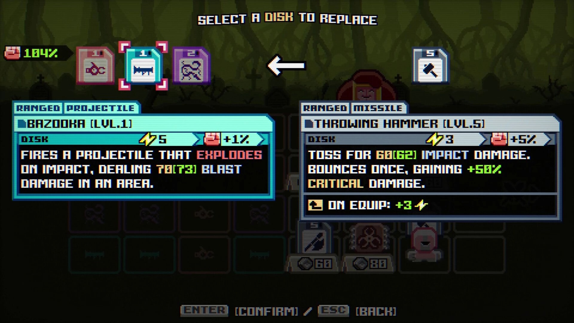 Chivalware: Weapon disk replacement menu comparing Bazooka and Throwing Hammer over grid battlefield.