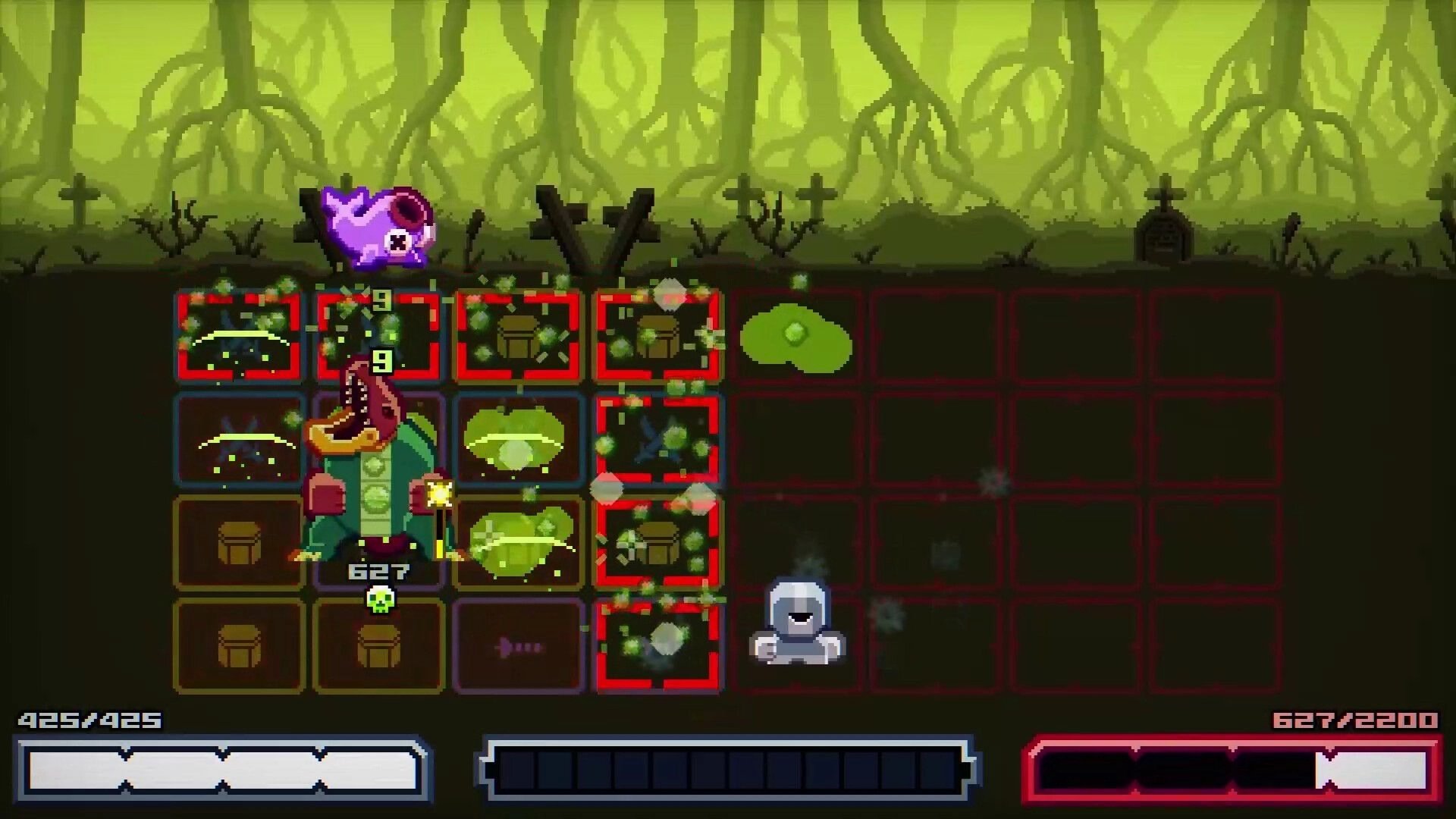 Chivalware: Player on grid battlefield with red danger tiles and slime pools in a swampy graveyard.