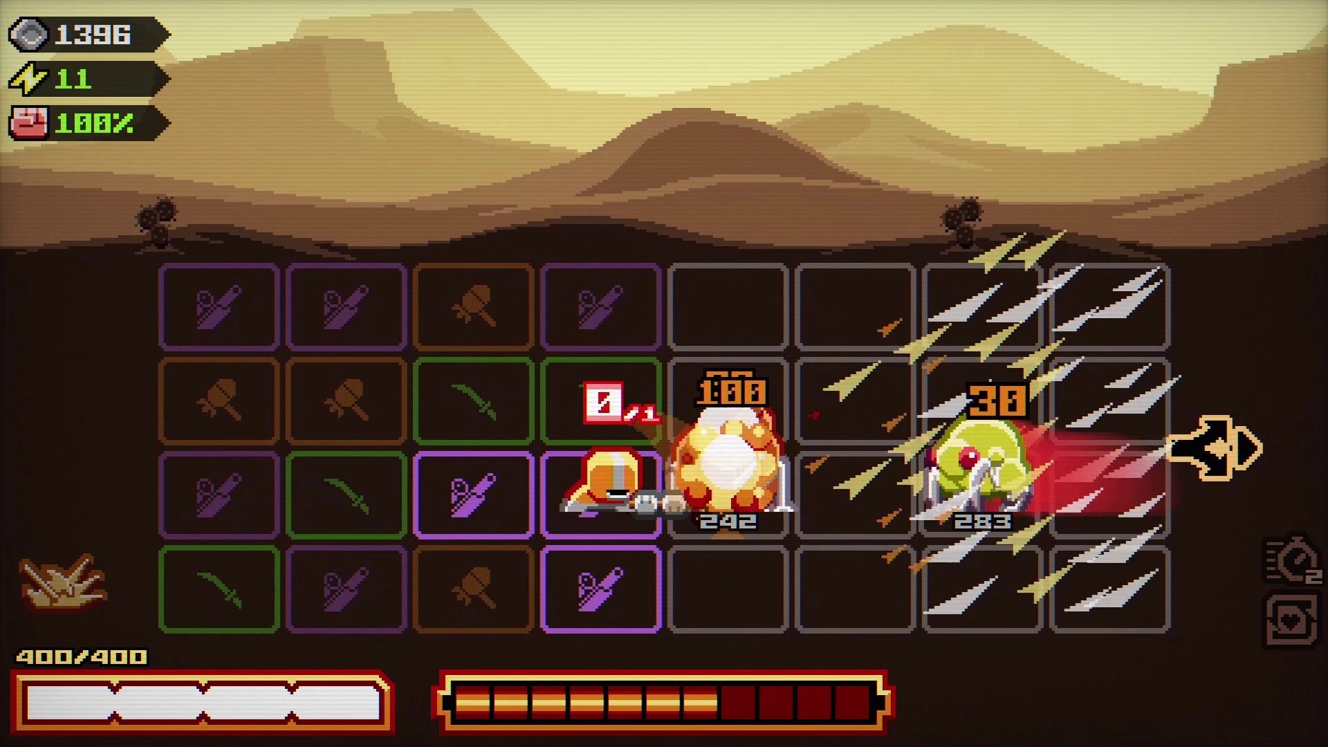 Chivalware: Knight fights slime on tile grid, slashing right as desert hills and HUD stats show.