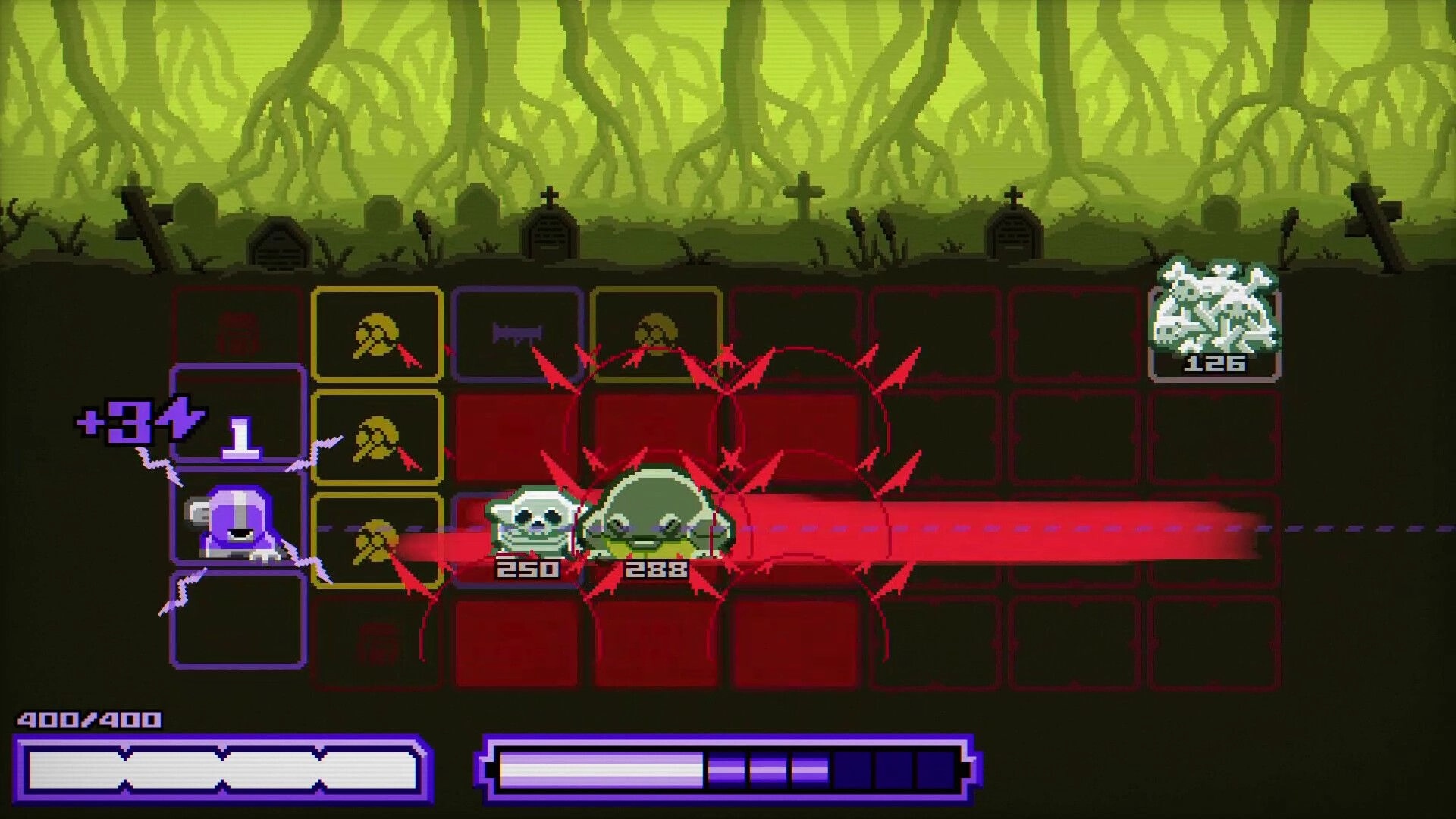 Chivalware: Knight on grid battlefield as red laser targets slime enemies in eerie graveyard swamp.