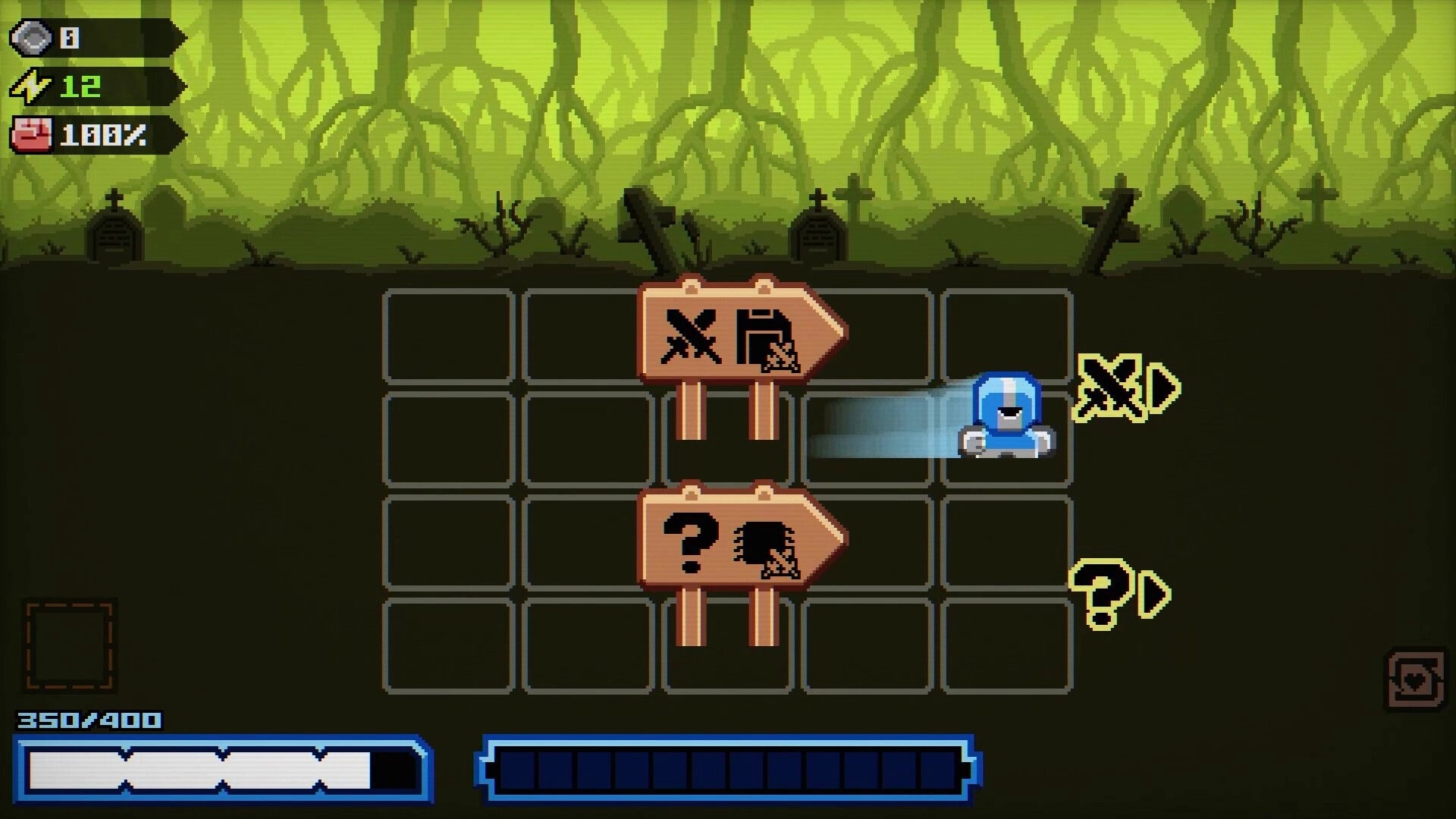 Chivalware: Blue knight dashes across grid past signposts in eerie graveyard with HUD stats visible.