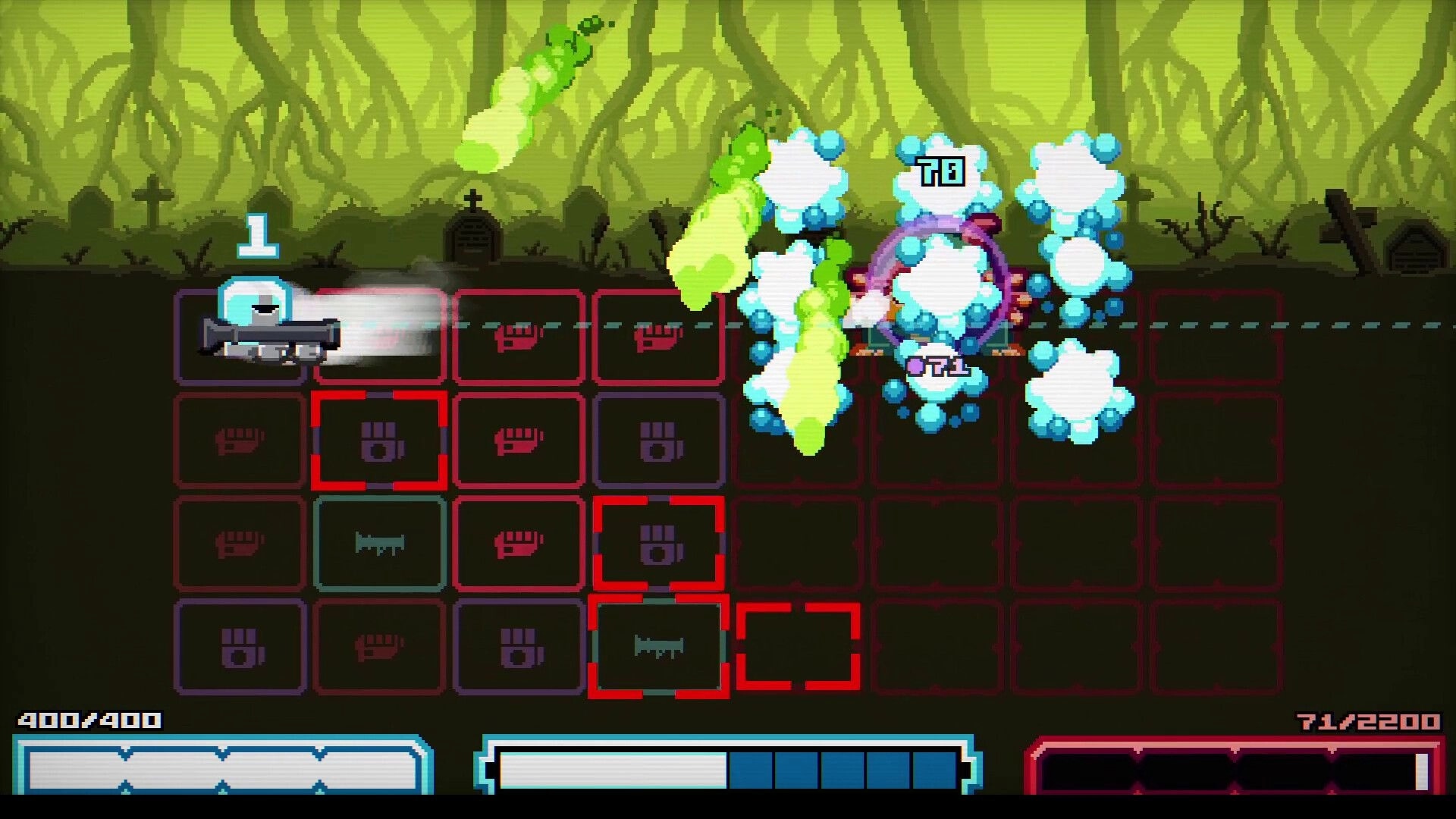 Chivalware: Knight dashes on grid as green projectiles hit a bubbled enemy in graveyard arena.