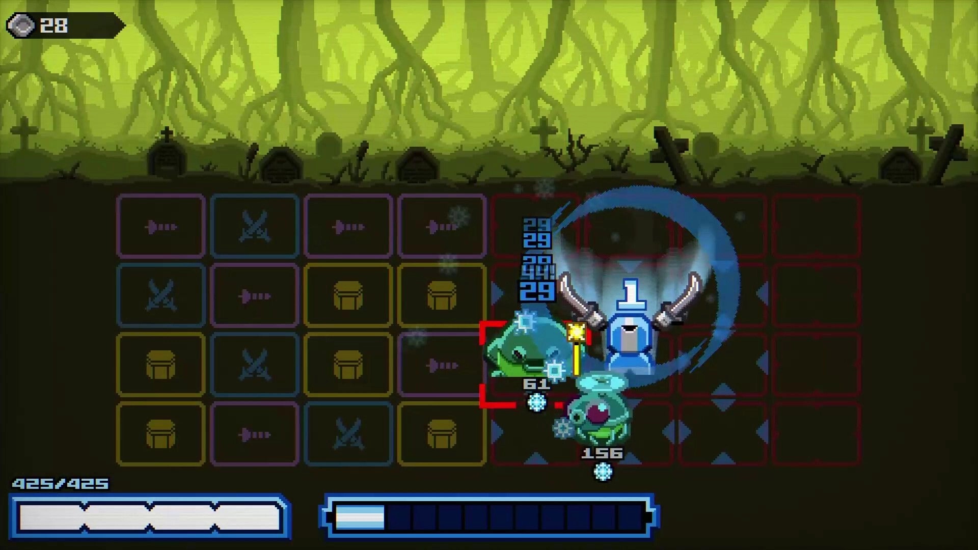 Chivalware: Blue knight slashes two green slimes on tile grid battlefield with combo numbers and HP bar.