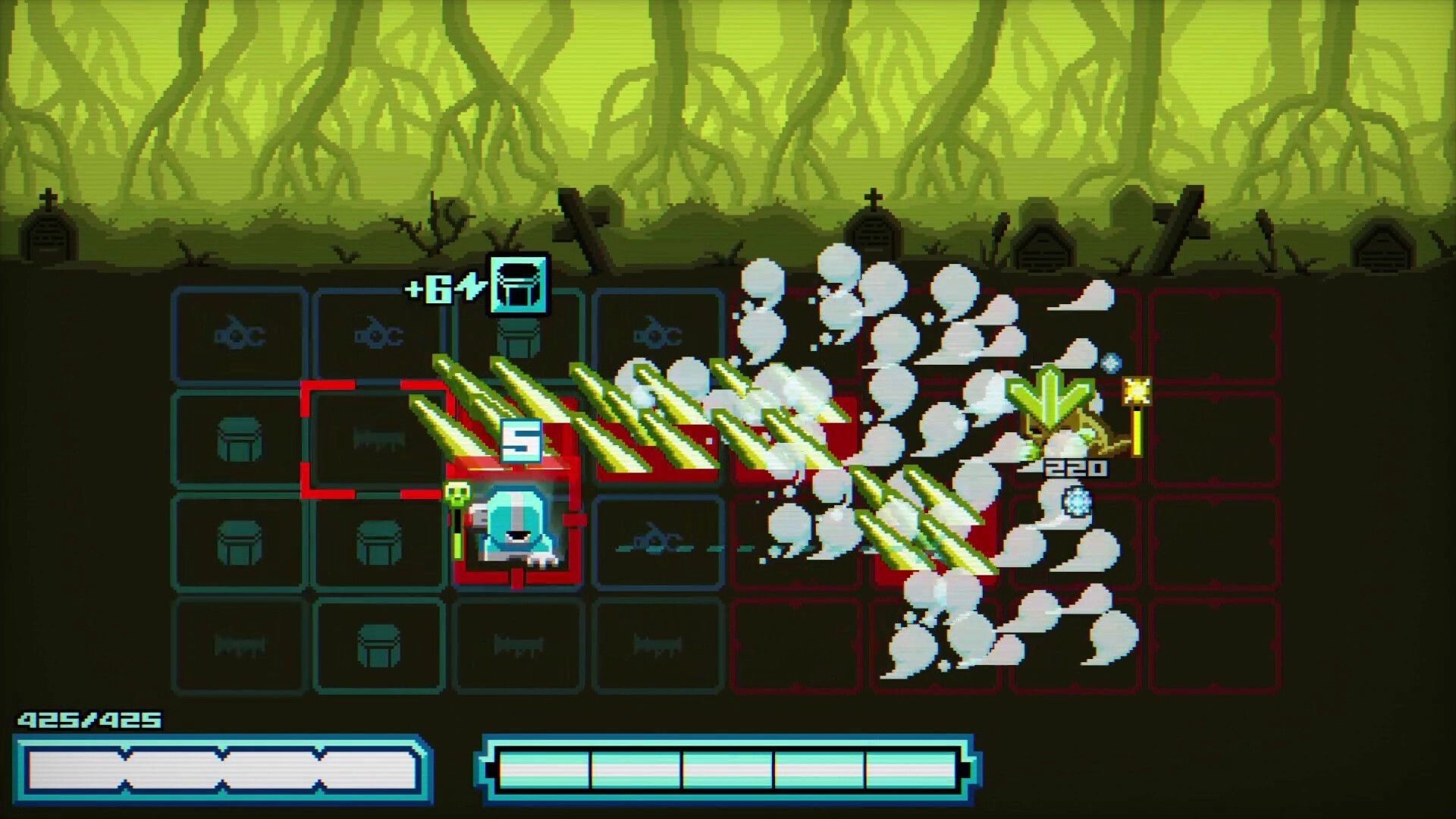 Chivalware: Knight triggers a spike volley across the grid in a murky green graveyard arena.