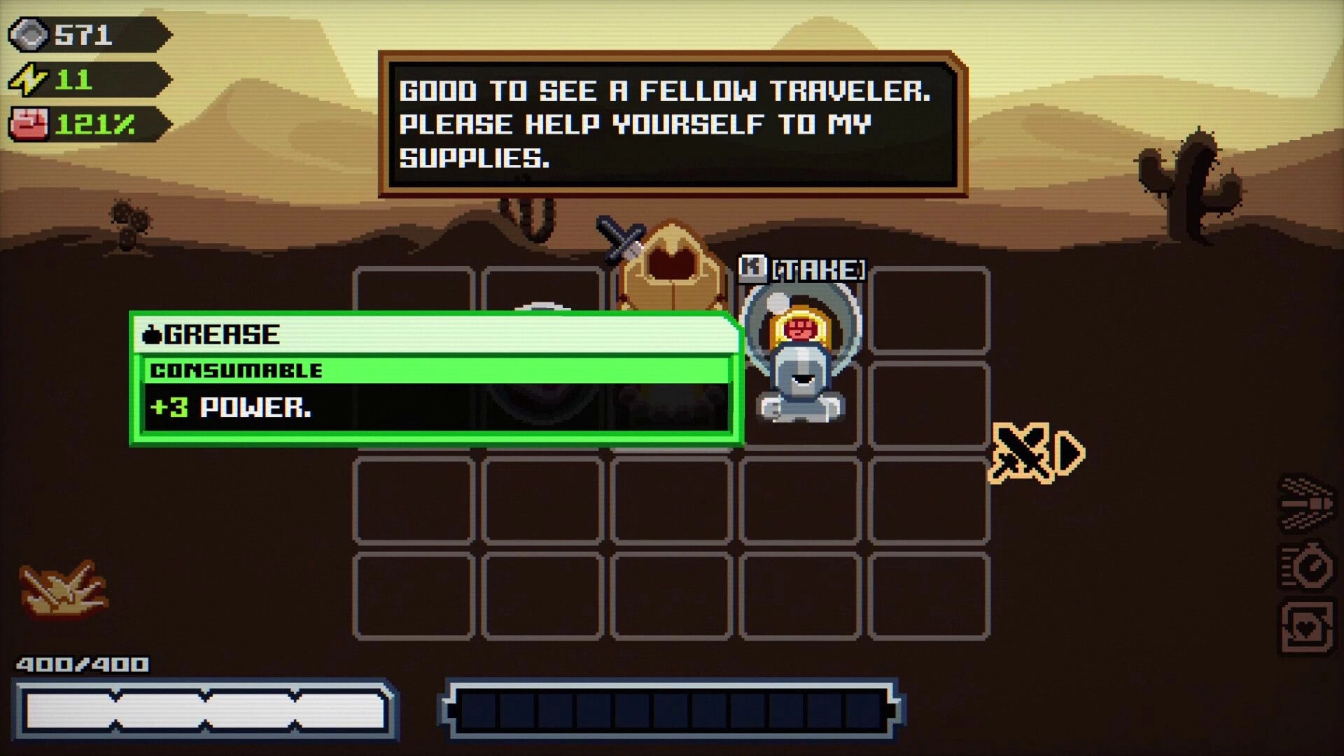 Chivalware: Looting supplies menu with Grease consumable tooltip on a desert grid battlefield scene.