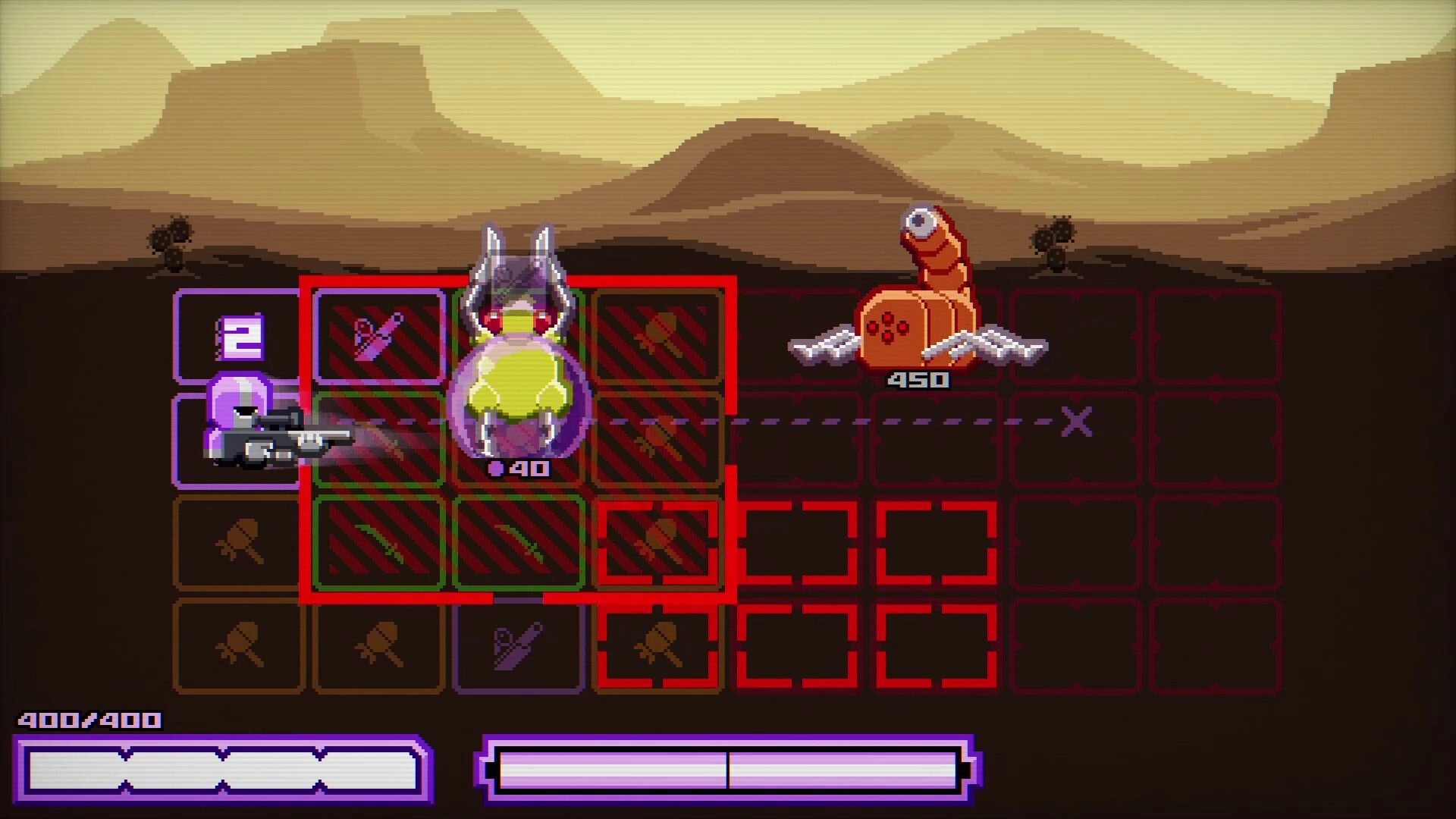 Chivalware: Knight on grid battlefield facing worm turret enemy, red danger tiles in desert stage.
