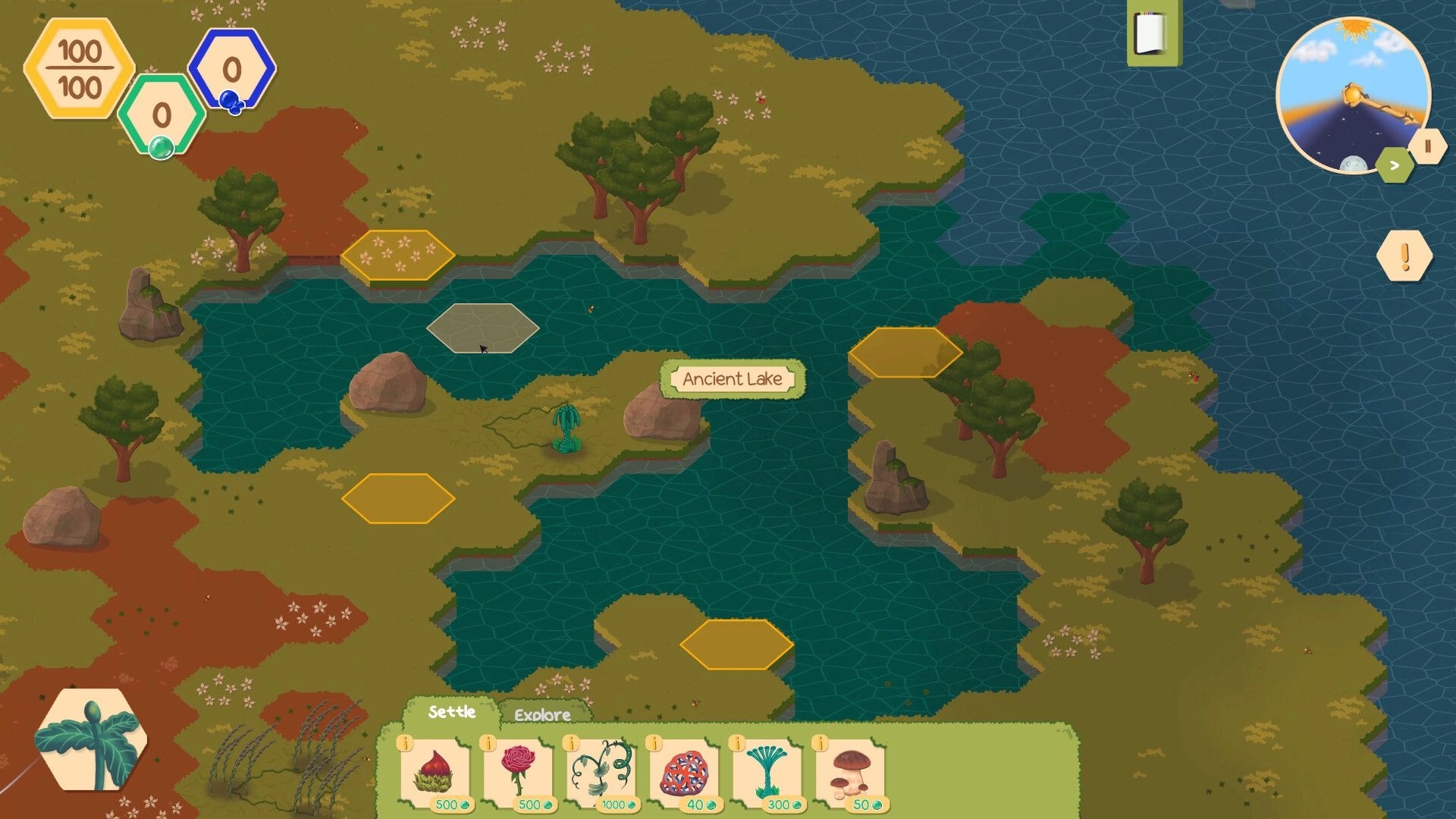 ChloroLink: Lux explores hexagonal landscape near Ancient Lake with UI showing plant options at bottom.