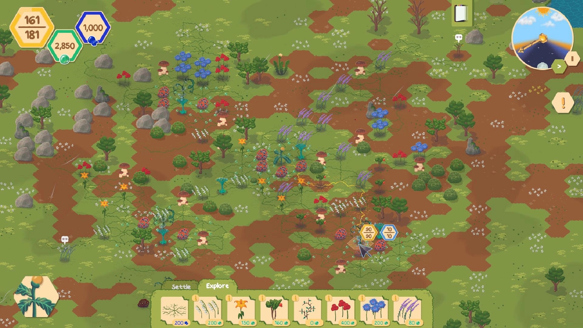 ChloroLink: Lux connects vibrant flowers across a lush, grid-like landscape with action buttons below.