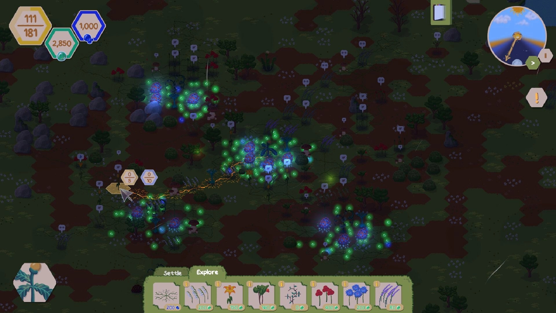 ChloroLink: Lux expanding rootweave among glowing plants, inventory menu and resource stats visible