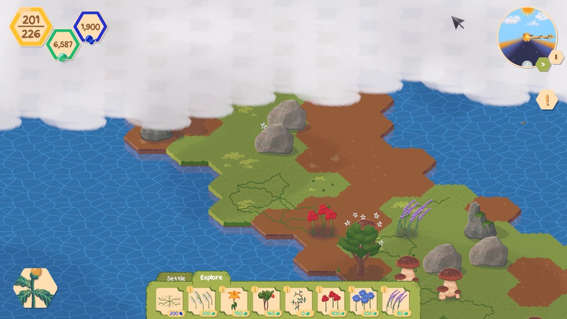 ChloroLink: Overhead view of Lux exploring a grassy island with trees, rocks, and flowers visible