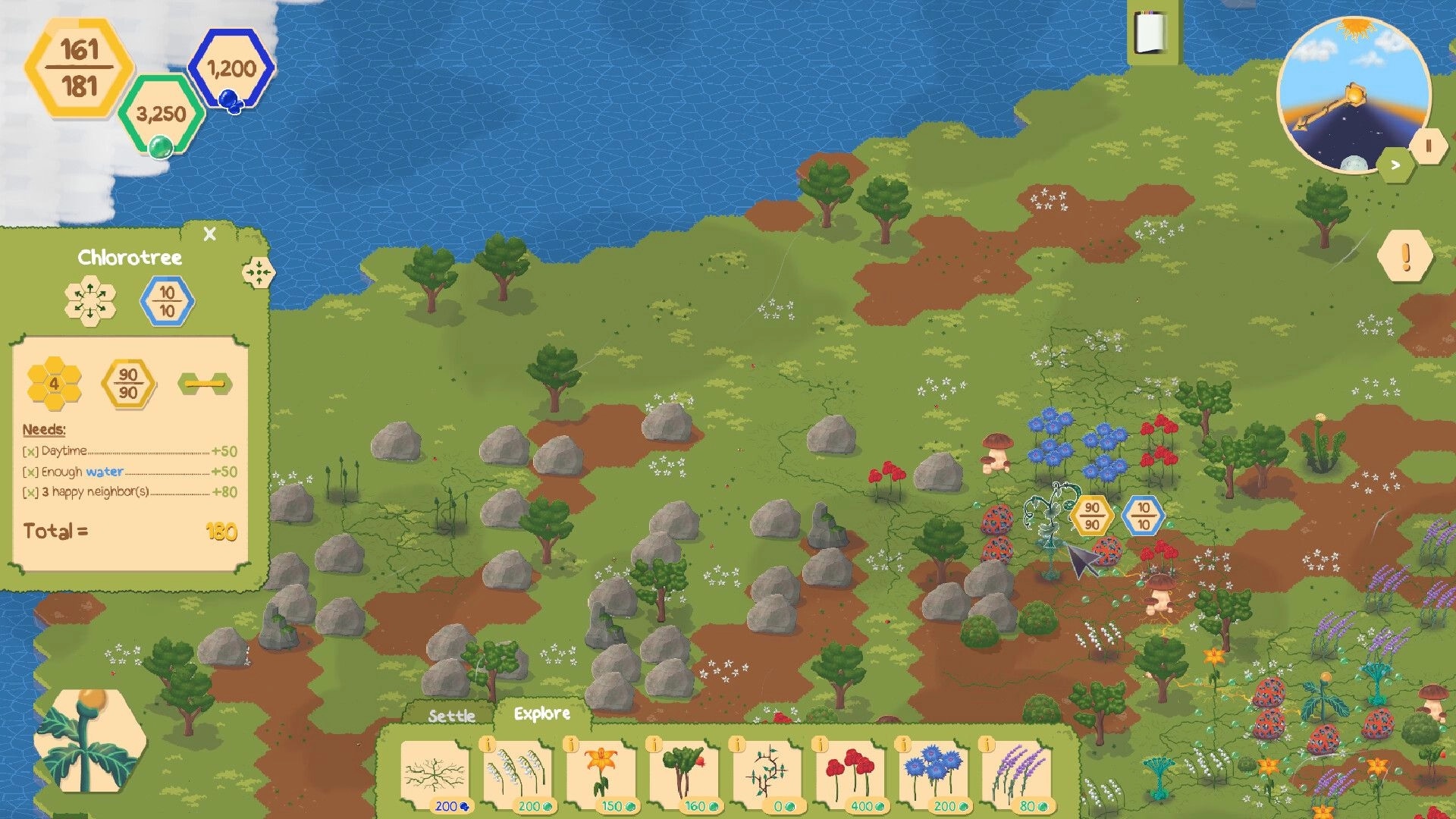 ChloroLink: Lux connects flowers in a vibrant landscape with UI showing plant stats and growth needs.