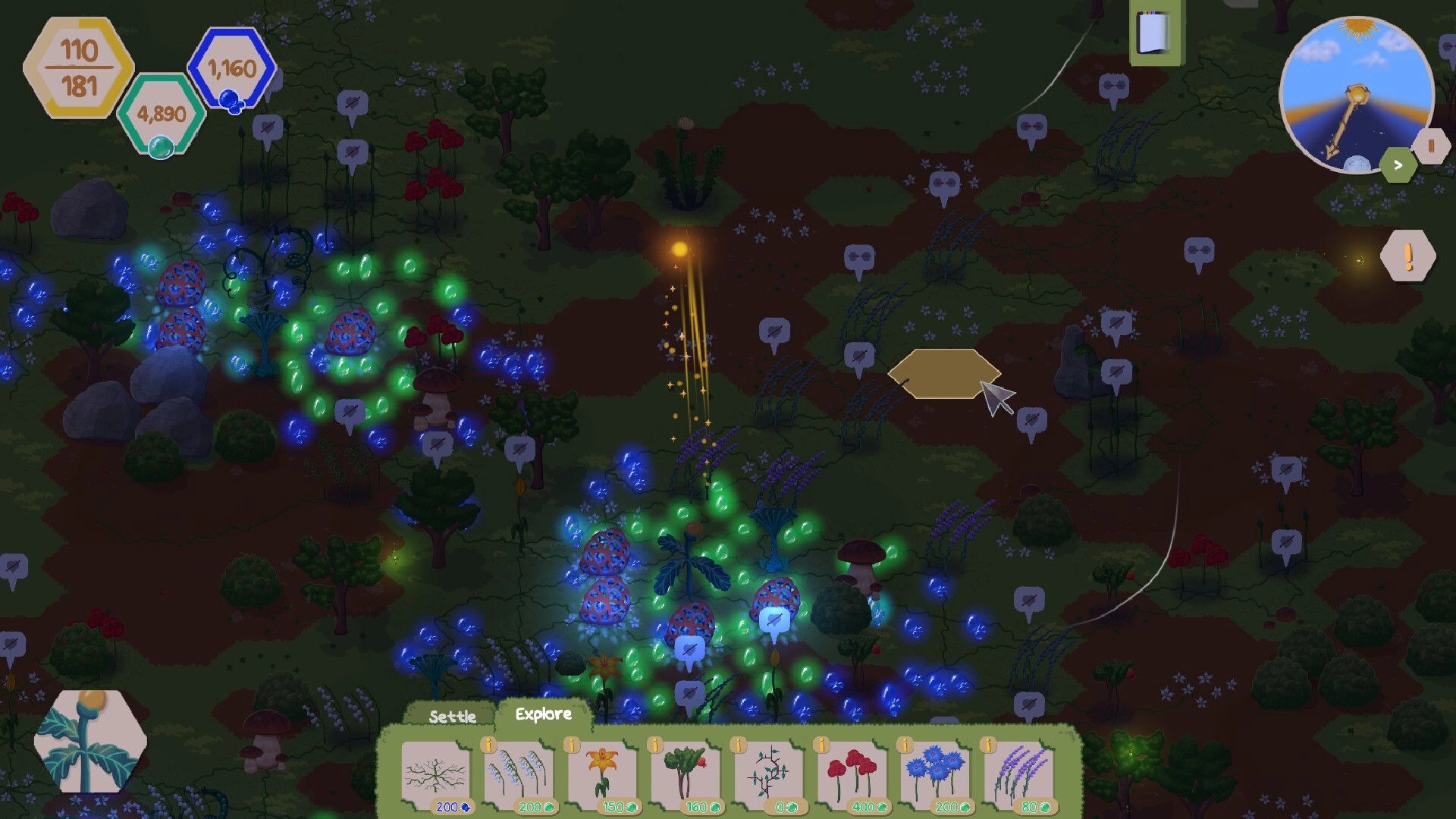 ChloroLink: Lux spreads rootweave among glowing plants in a lush forest setting with UI elements visible.
