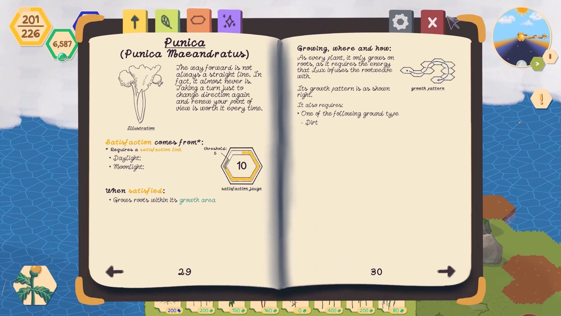 ChloroLink: Open book UI displaying plant growth patterns and satisfaction gauge over ocean backdrop