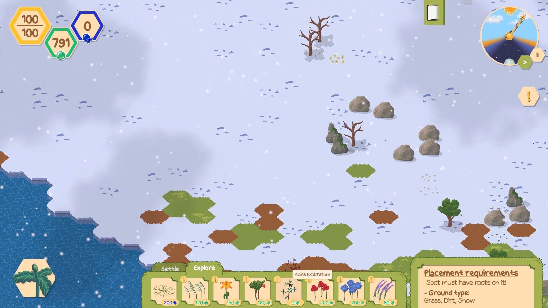 ChloroLink: Snowy landscape with trees and rocks, interface showing plant selection and placement guide.