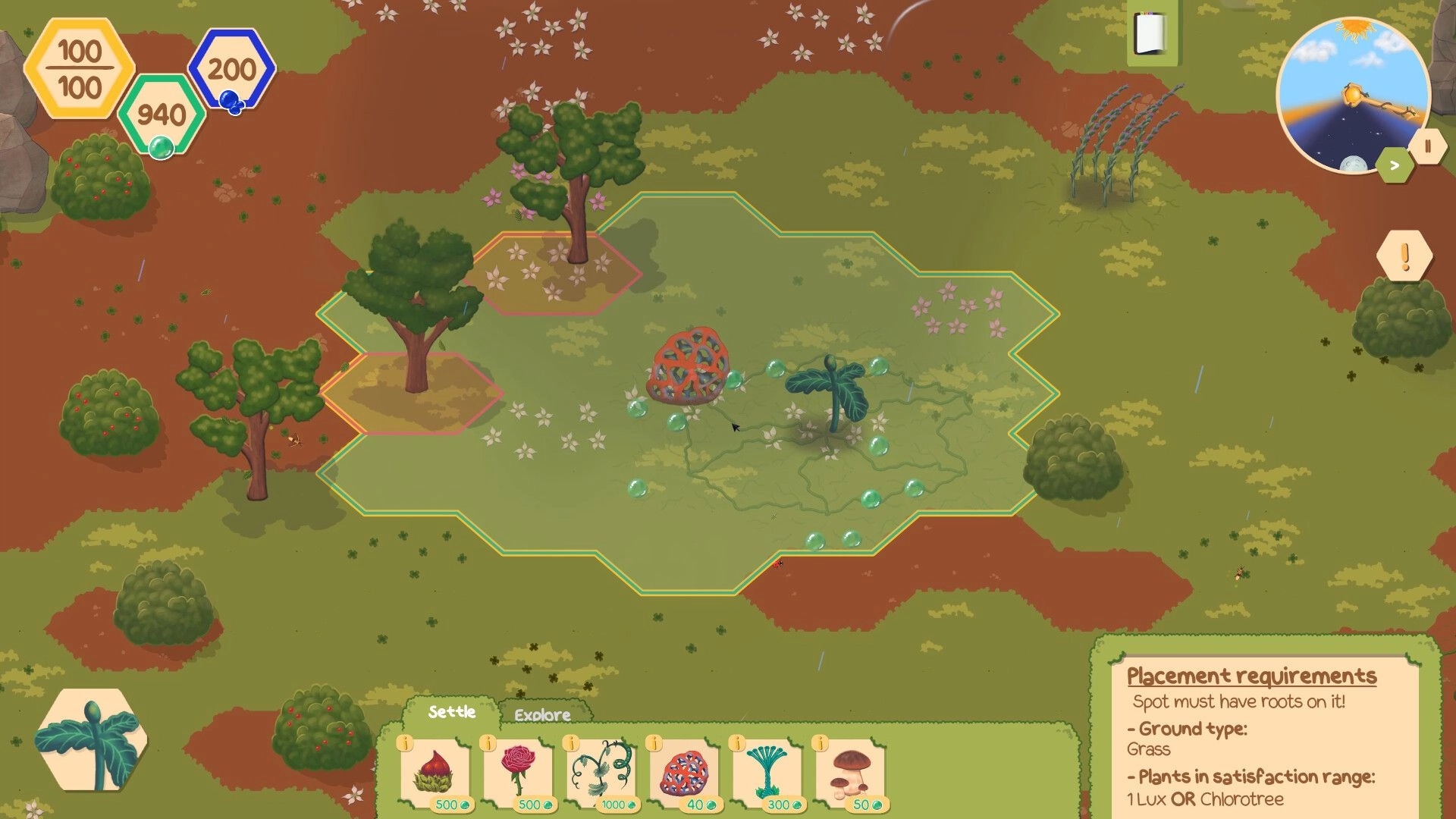 ChloroLink: Lux expands rootweave connecting plants in vibrant hexagonal forest terrain with UI elements.