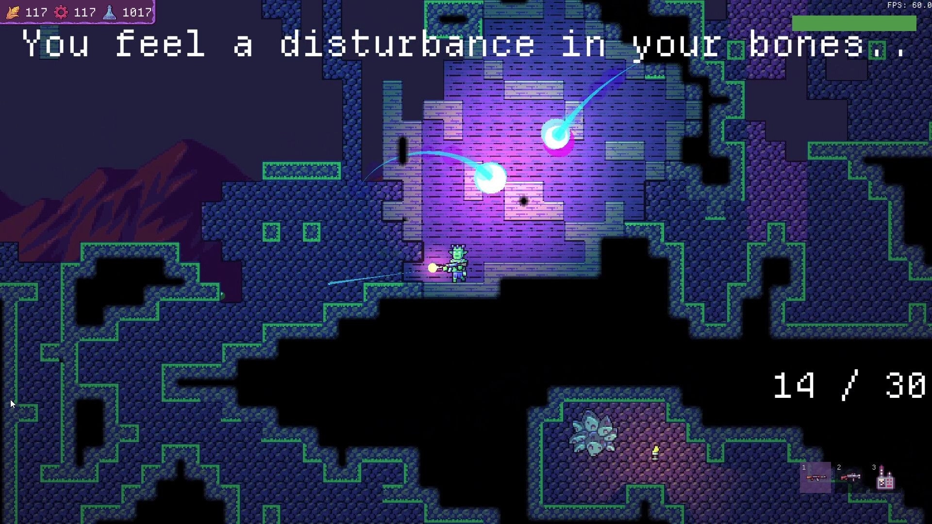 Chodd: Goon fires at glowing orbs as warning text overlays a purple cavern with HUD stats visible.