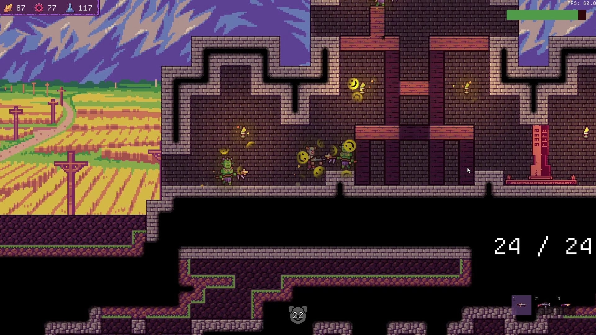 Chodd: Side-view battle with green goon and floating orbs inside brick fortress over farmland backdrop.