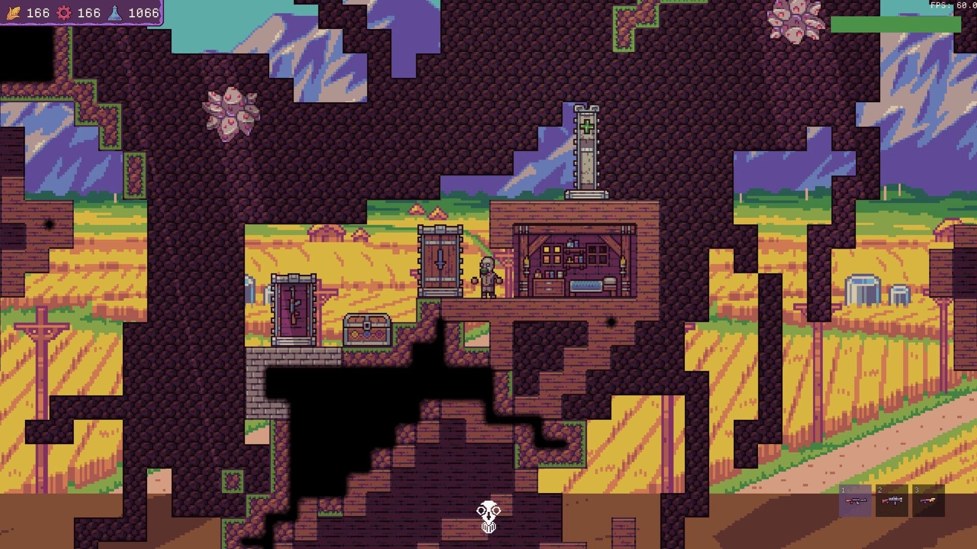 Chodd: Pixel base room with a goon by a workshop, doors and chest in a rocky cavern map.