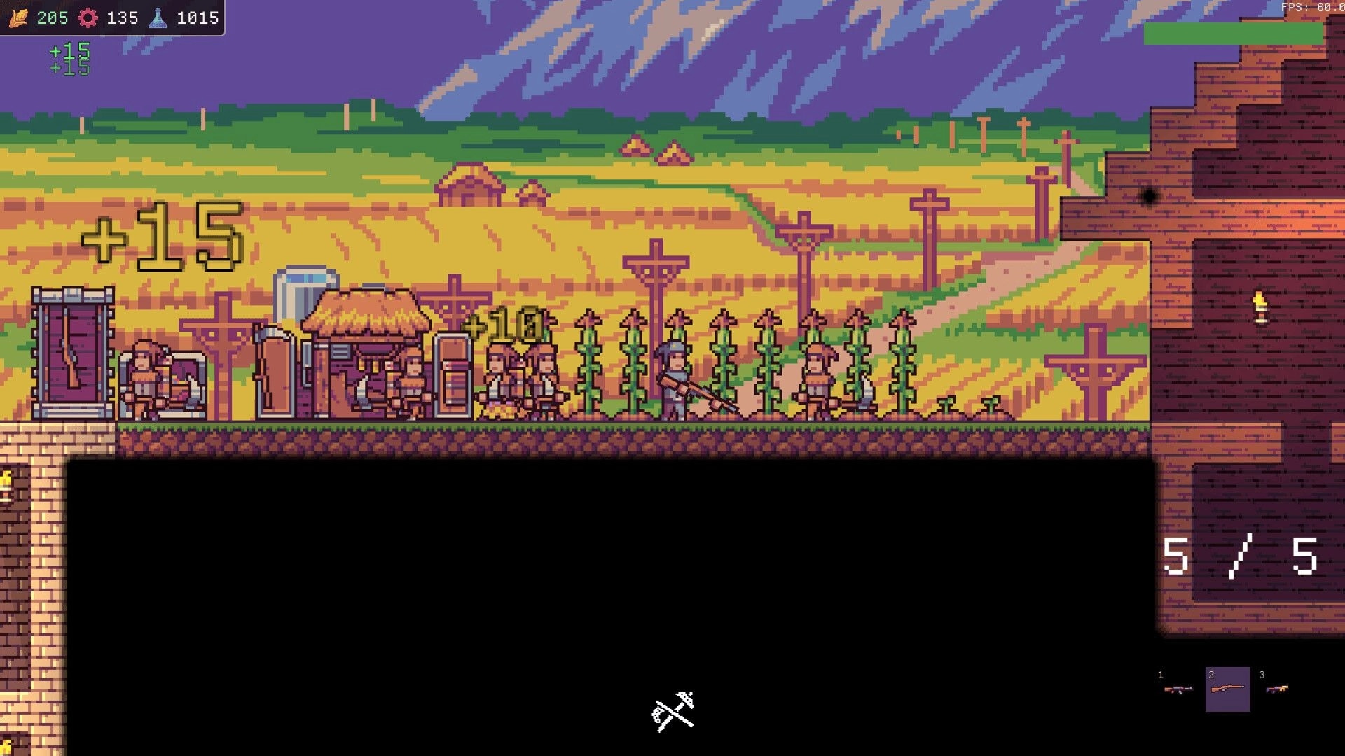 Chodd: Squad of villagers and a rifleman by huts and crops, with resource HUD and weapon bar.