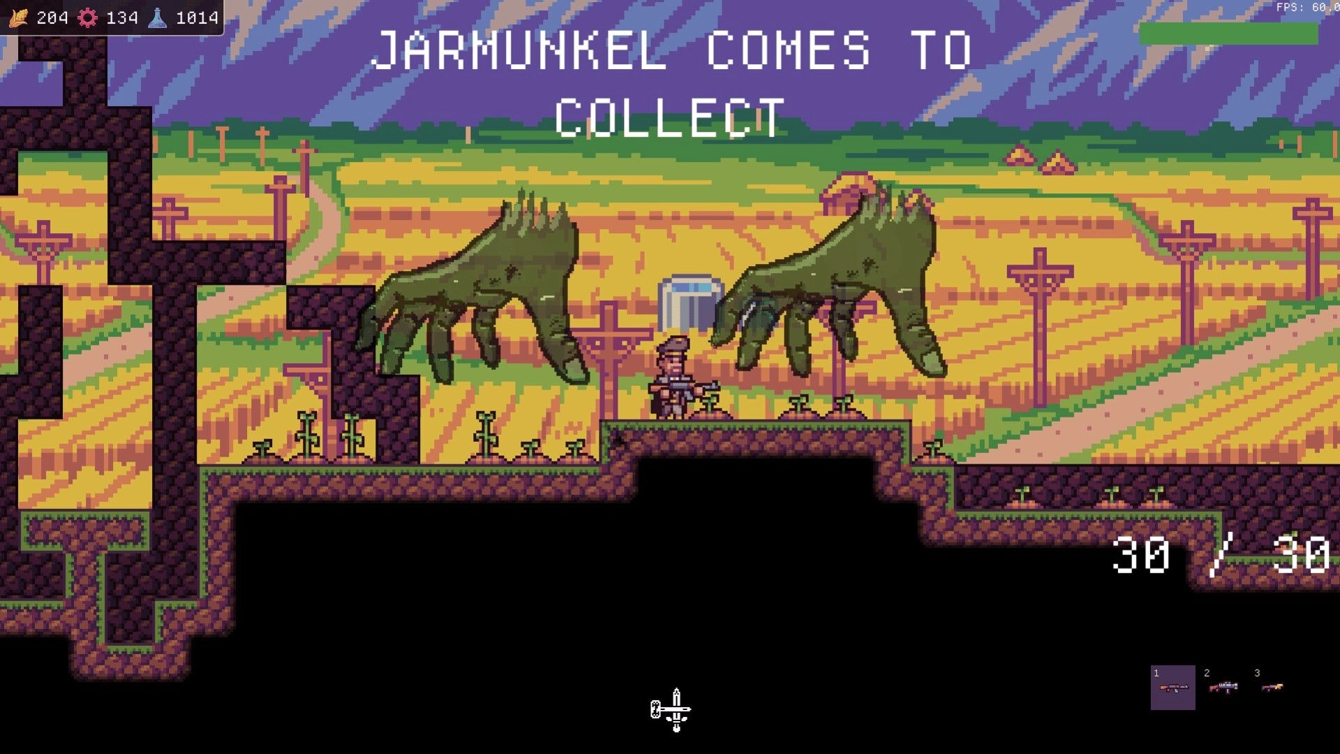 Chodd: Soldier stands by a portal as giant hands descend over pixel farmland, HUD and weapon bar visible.