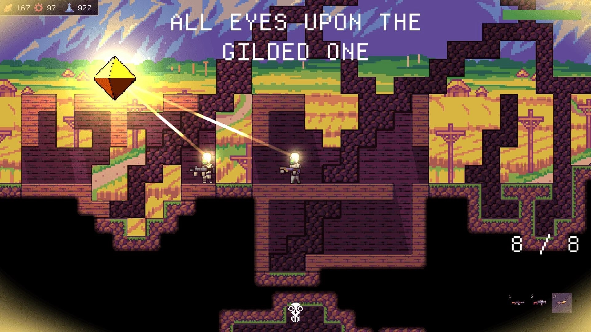 Chodd: Two armed goons aim at a floating golden prism in a ruined stone maze at sunset.