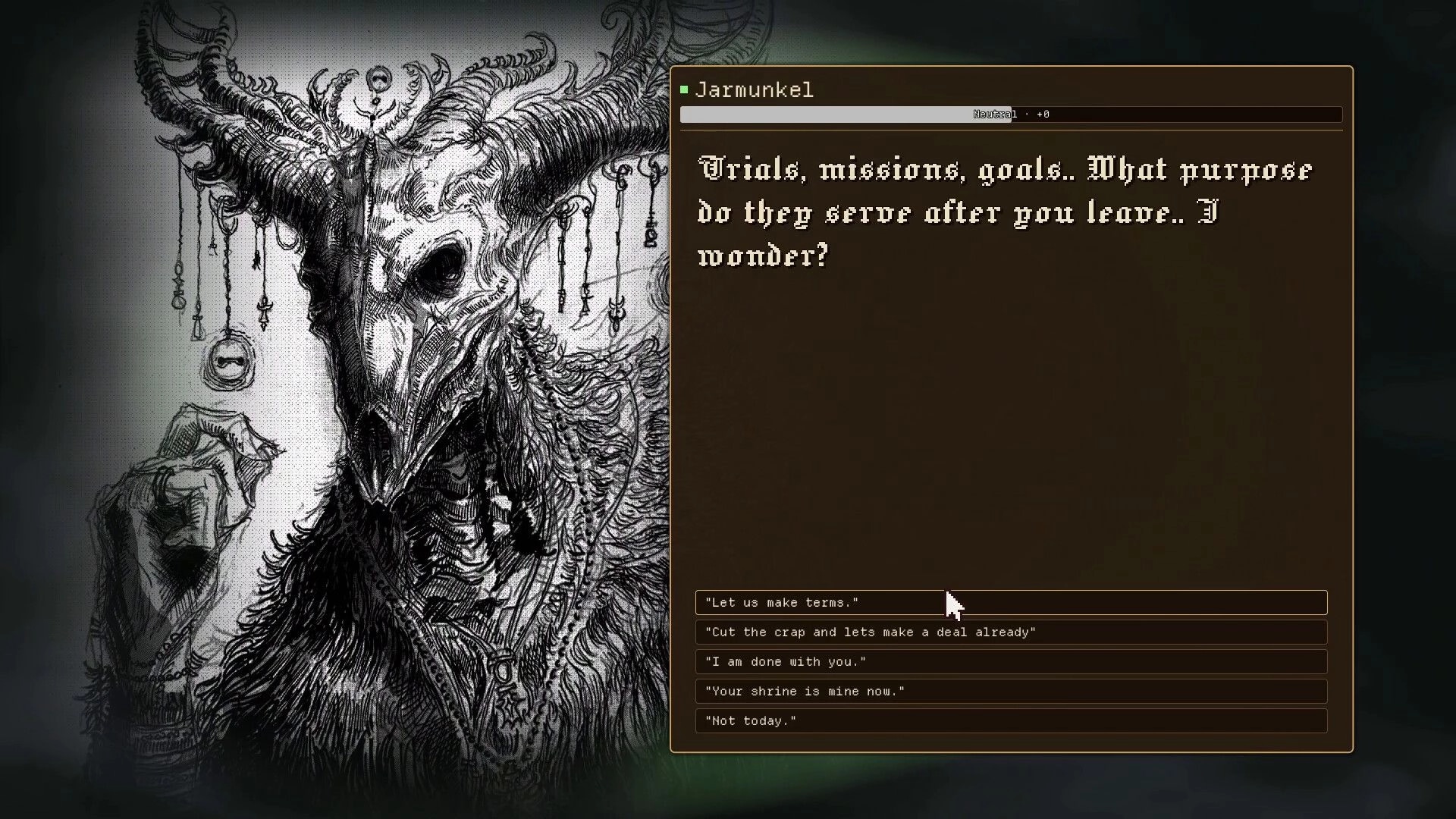 Chodd: Dialogue screen with Jarmunkel and reply options over eerie horned sketch background.