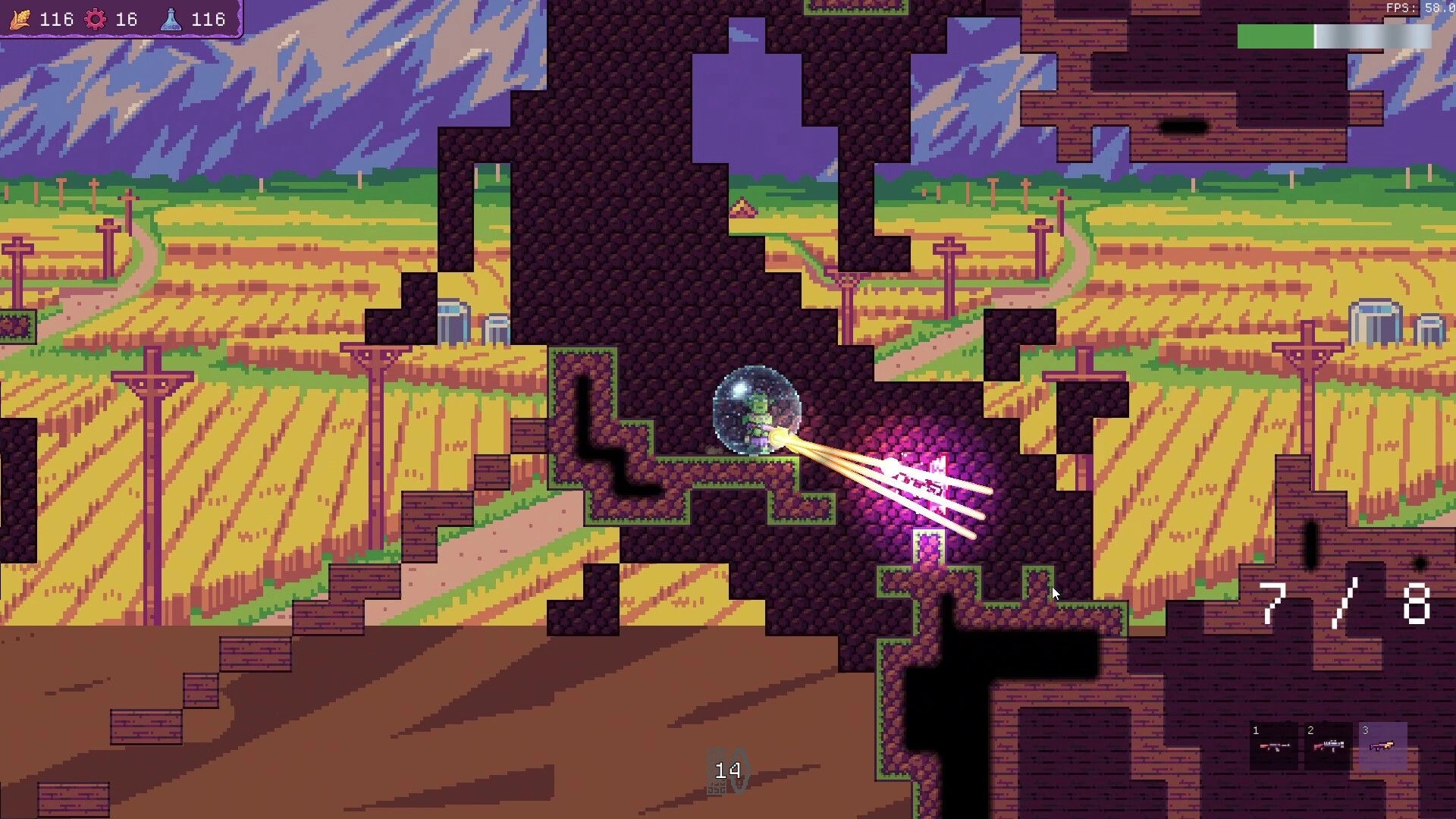 Chodd: Shielded unit fires triple laser at purple crystal in a rocky tunnel above farmland HUD stats.