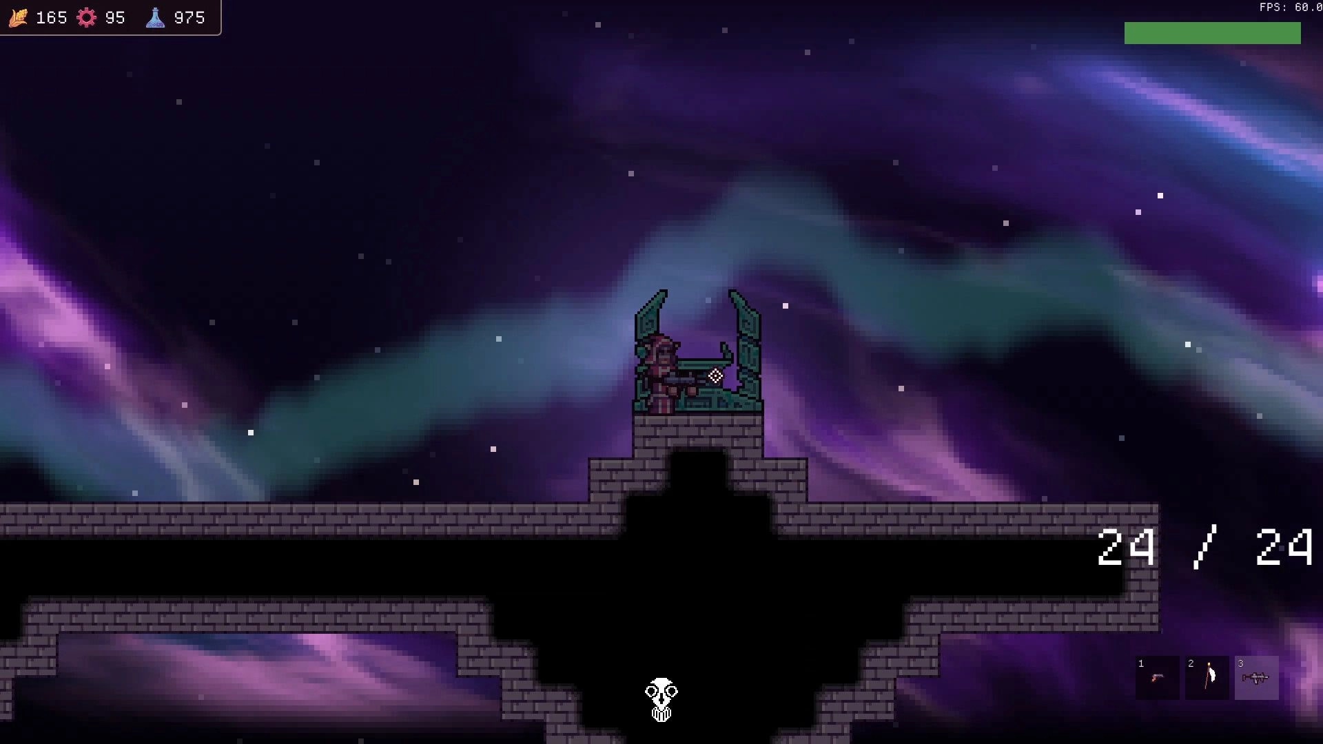 Chodd: Pixel hero stands on a brick platform by a teal altar under a starry nebula sky with HUD stats.