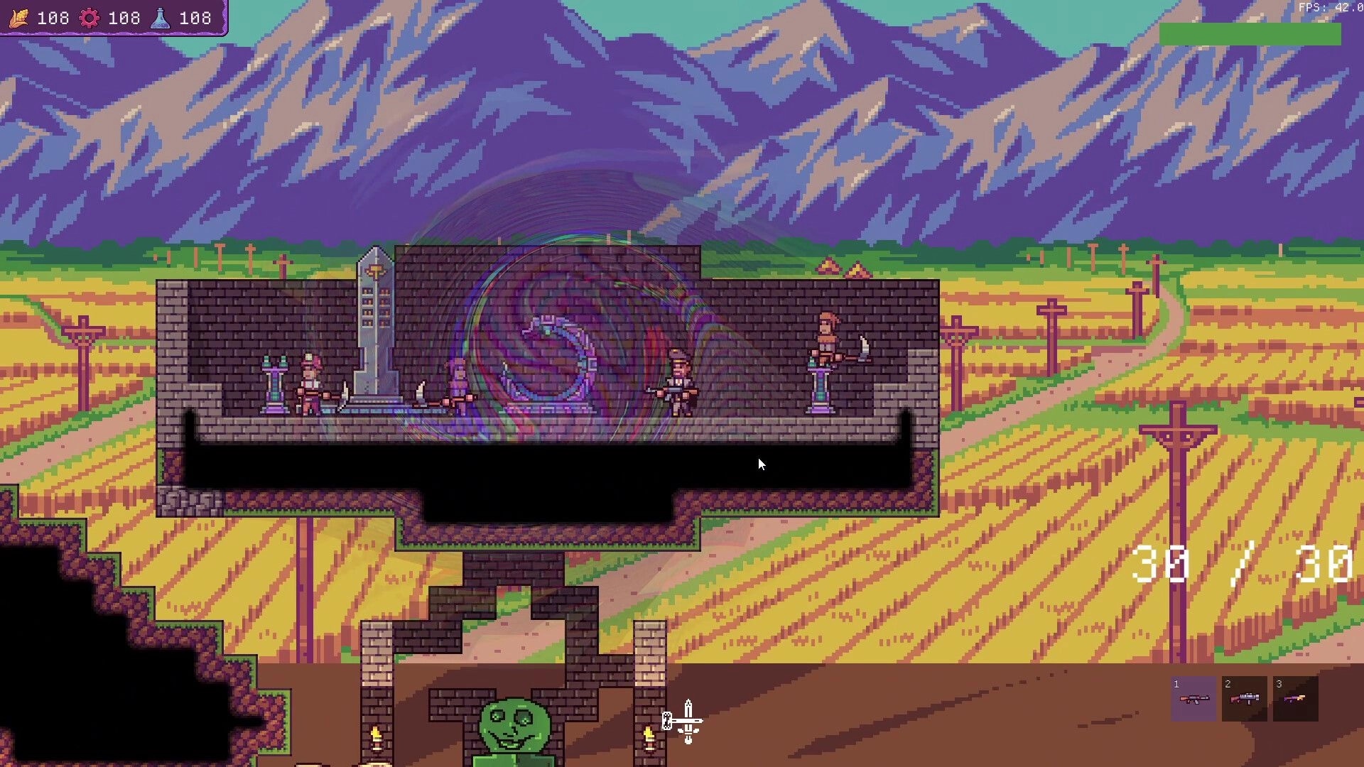 Chodd: Pixel bunker defense with goons around a swirling portal, farmland and mountains behind UI HUD.