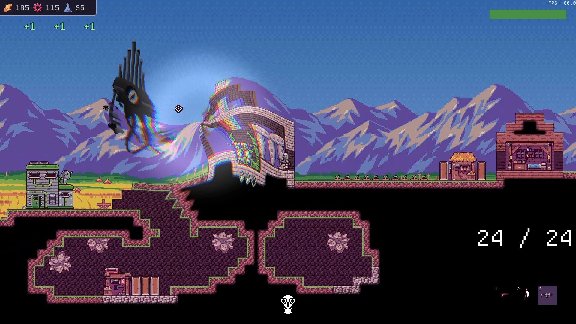 Chodd: Warp rift distorts a brick tower near base buildings, with resource UI and ammo counter visible.