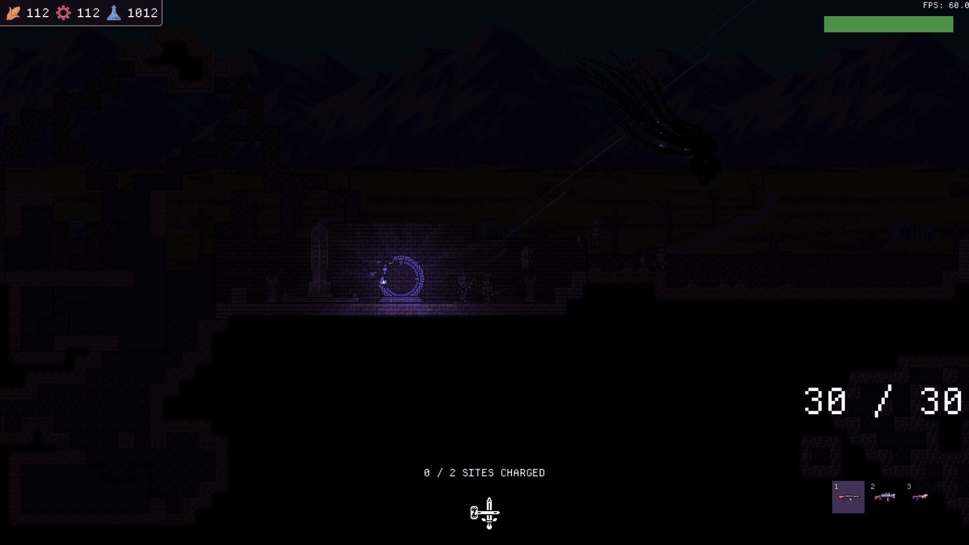 Chodd: Glowing circular portal in a dark cavern corridor, HUD shows 0/2 sites charged and ammo 30/30.