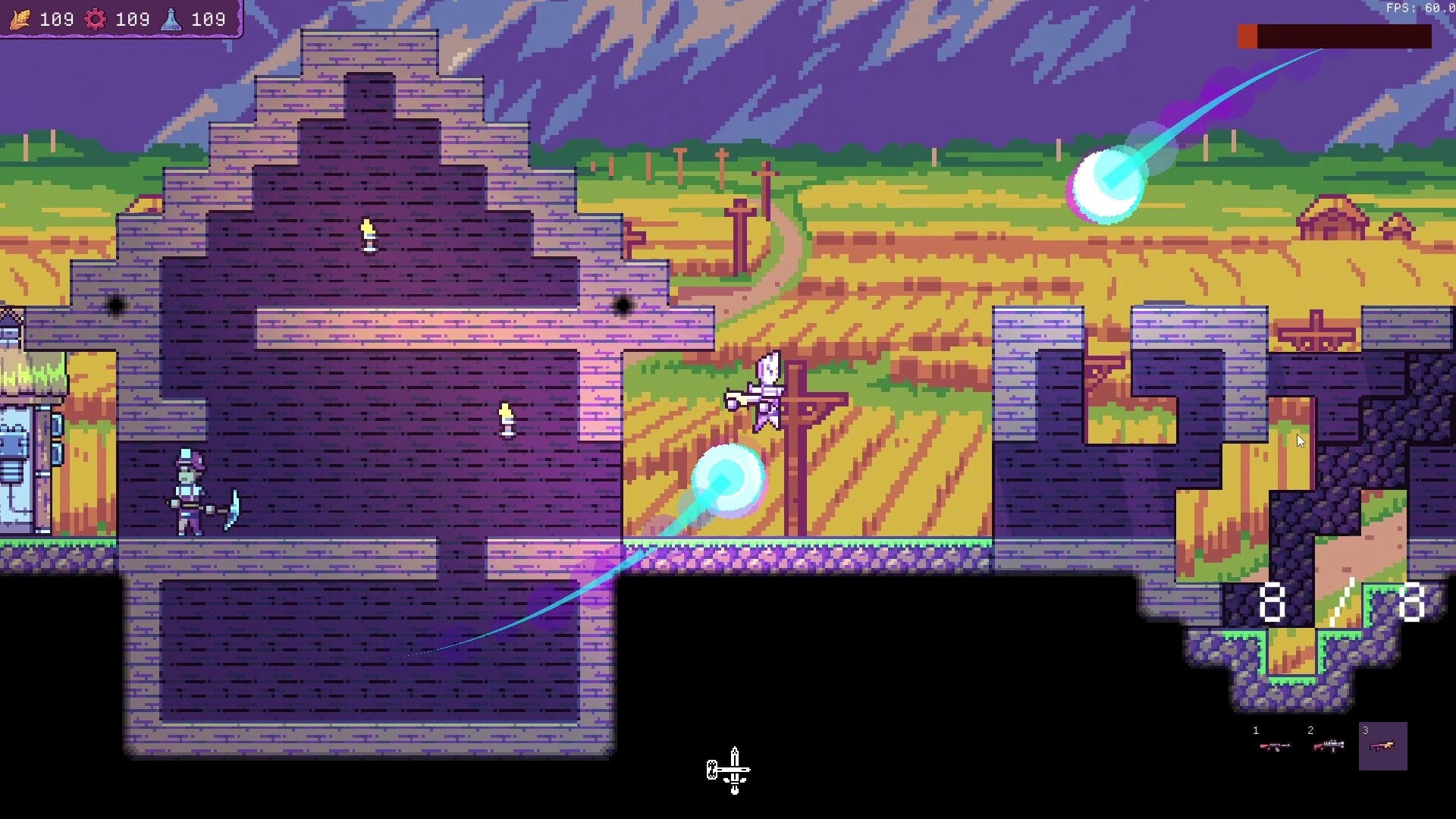 Chodd: Knight leaps between stone ruins as blue energy orbs arc over farmland backdrop and HUD counters.