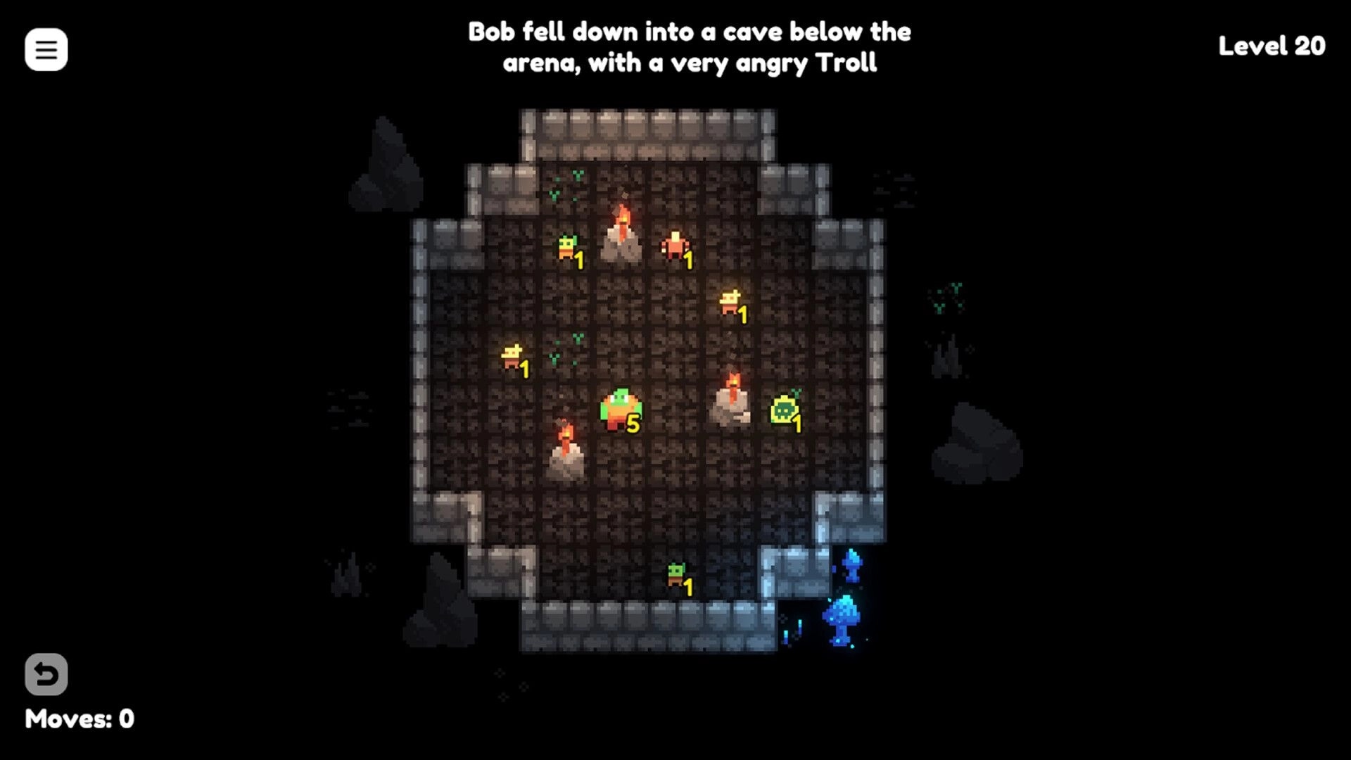 Chomp Hero: Bob faces a troll and small foes around torches in a stone cave Level 20 grid.
